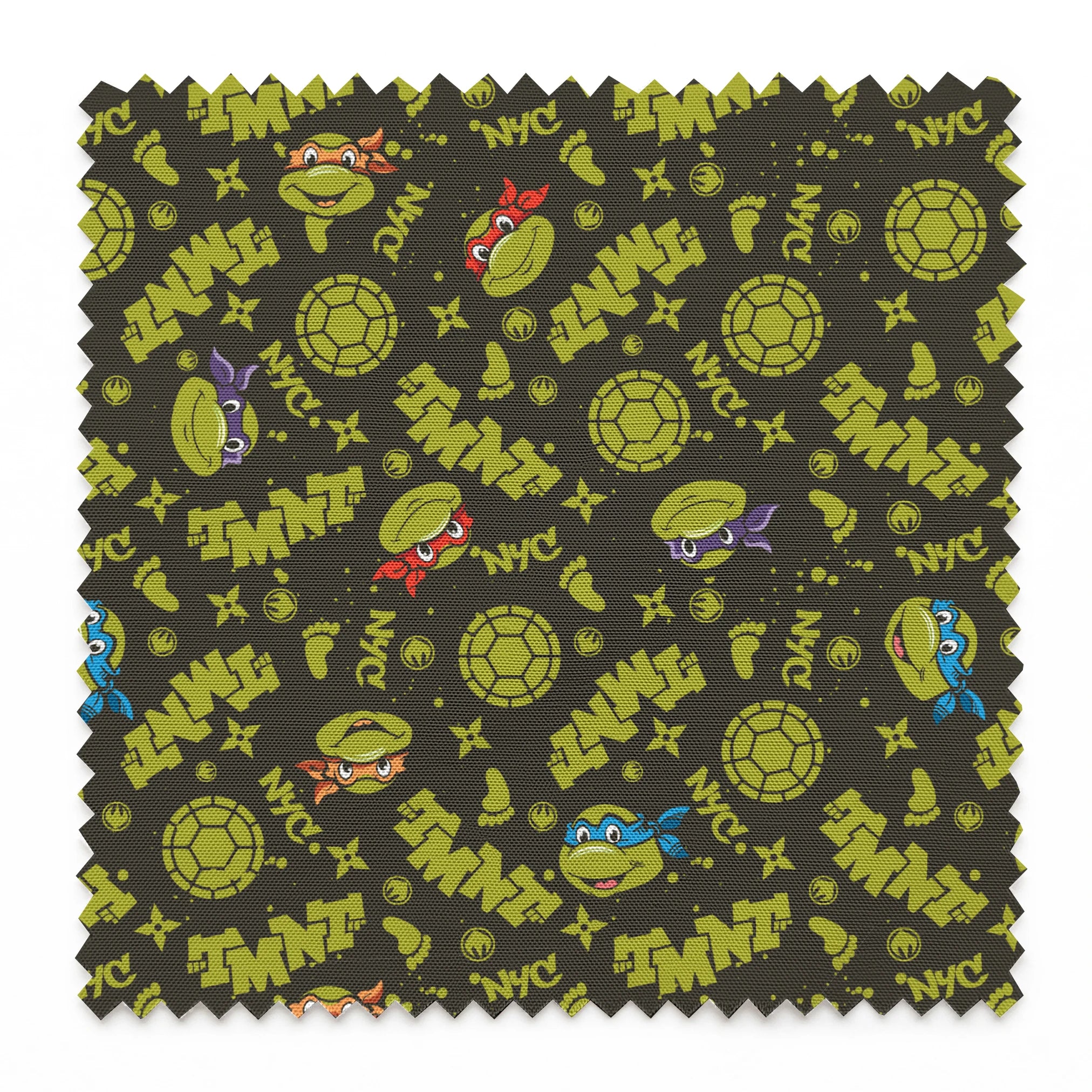 Pattern of Teenage Mutant Ninja Turtles with "TMNT" text on dark background springs swatch pinked