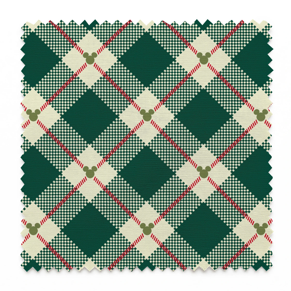 Diagonal green and cream plaid pattern with small Mickey Mouse silhouettes at intersections of red stripes springs swatch pinked