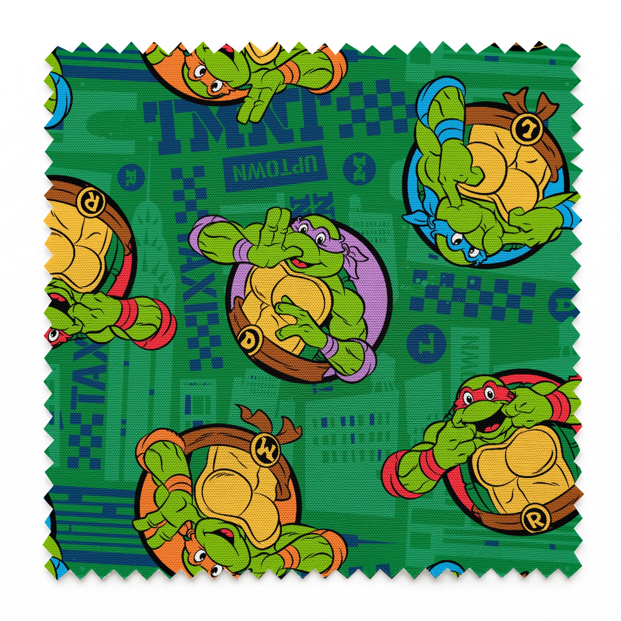 Teenage Mutant Ninja Turtles cartoon characters on green patterned background springs swatch pinked