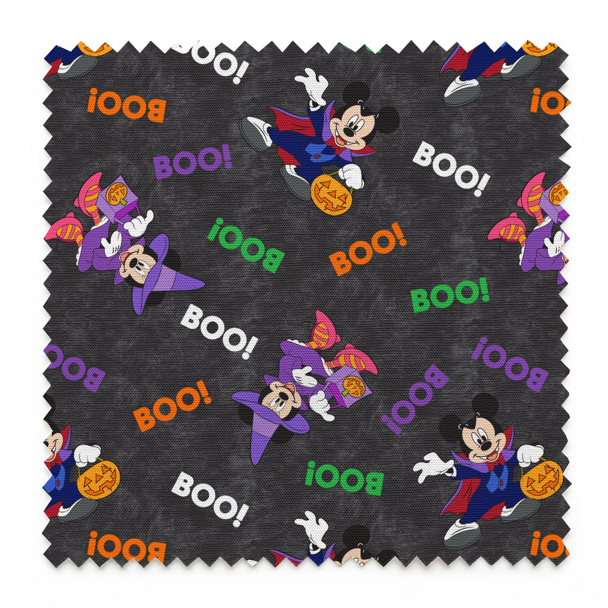 Halloween themed pattern with Disney characters in costumes, pumpkins, and colorful "BOO!" text on dark gray background. springs swatch pinked
