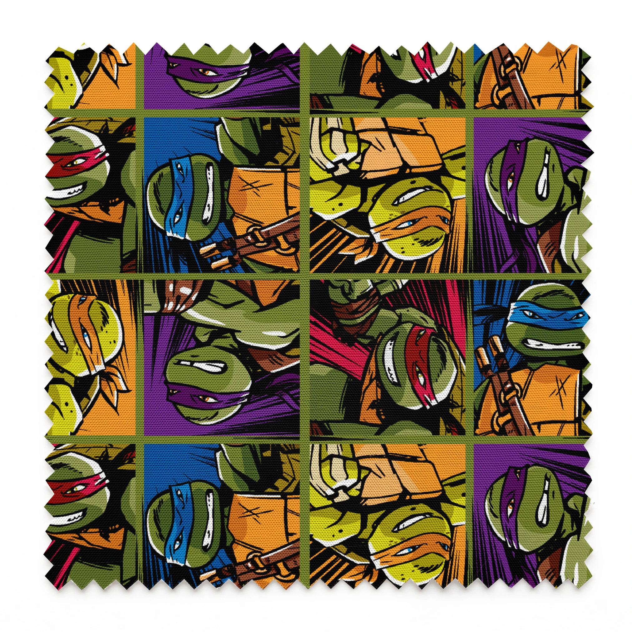 Colorful grid pattern of Teenage Mutant Ninja Turtles characters with various expressions and colored masks springs swatch pinked