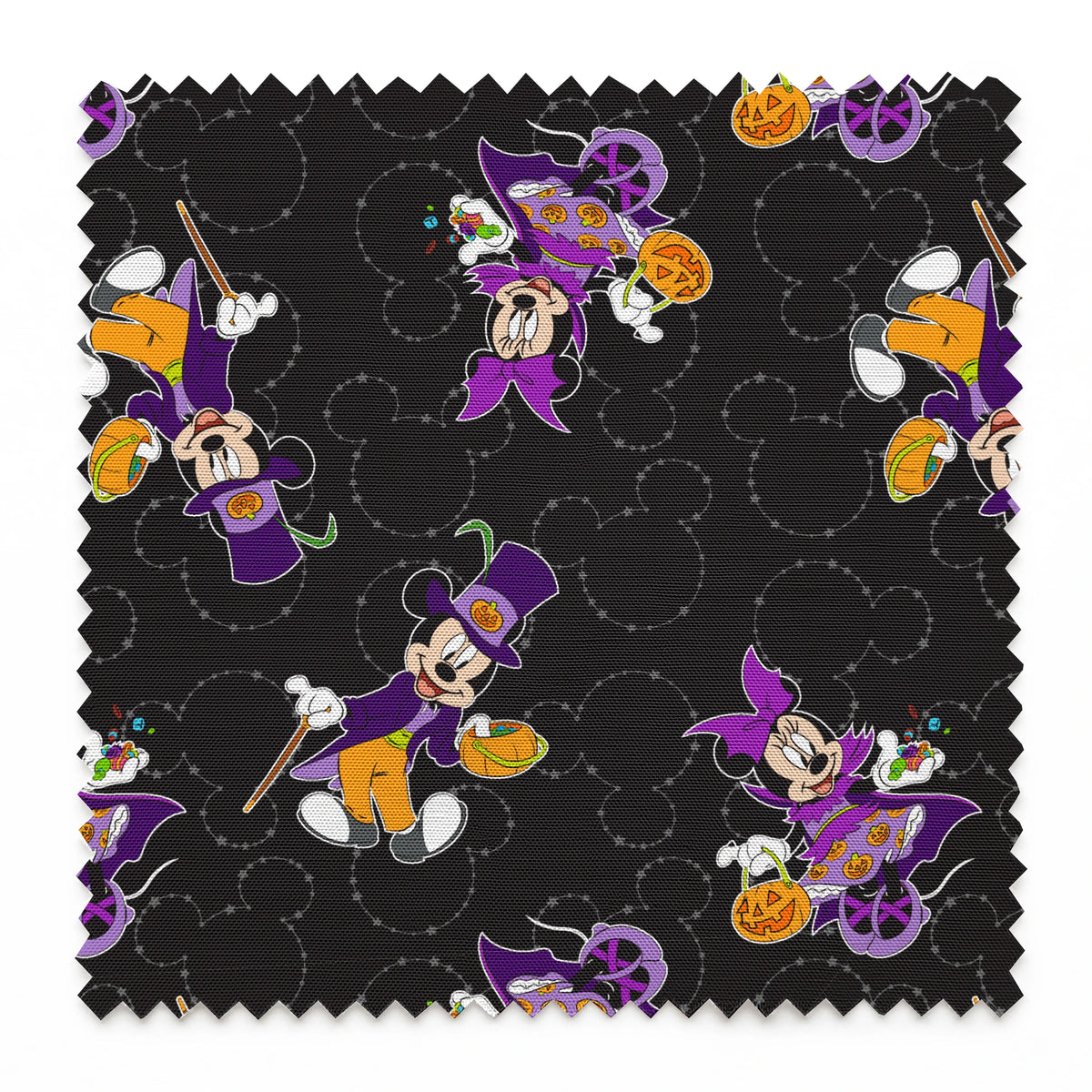 Mickey and Minnie in Halloween costumes on black background with purple, orange, and white details in a scattered pattern springs swatch pinked