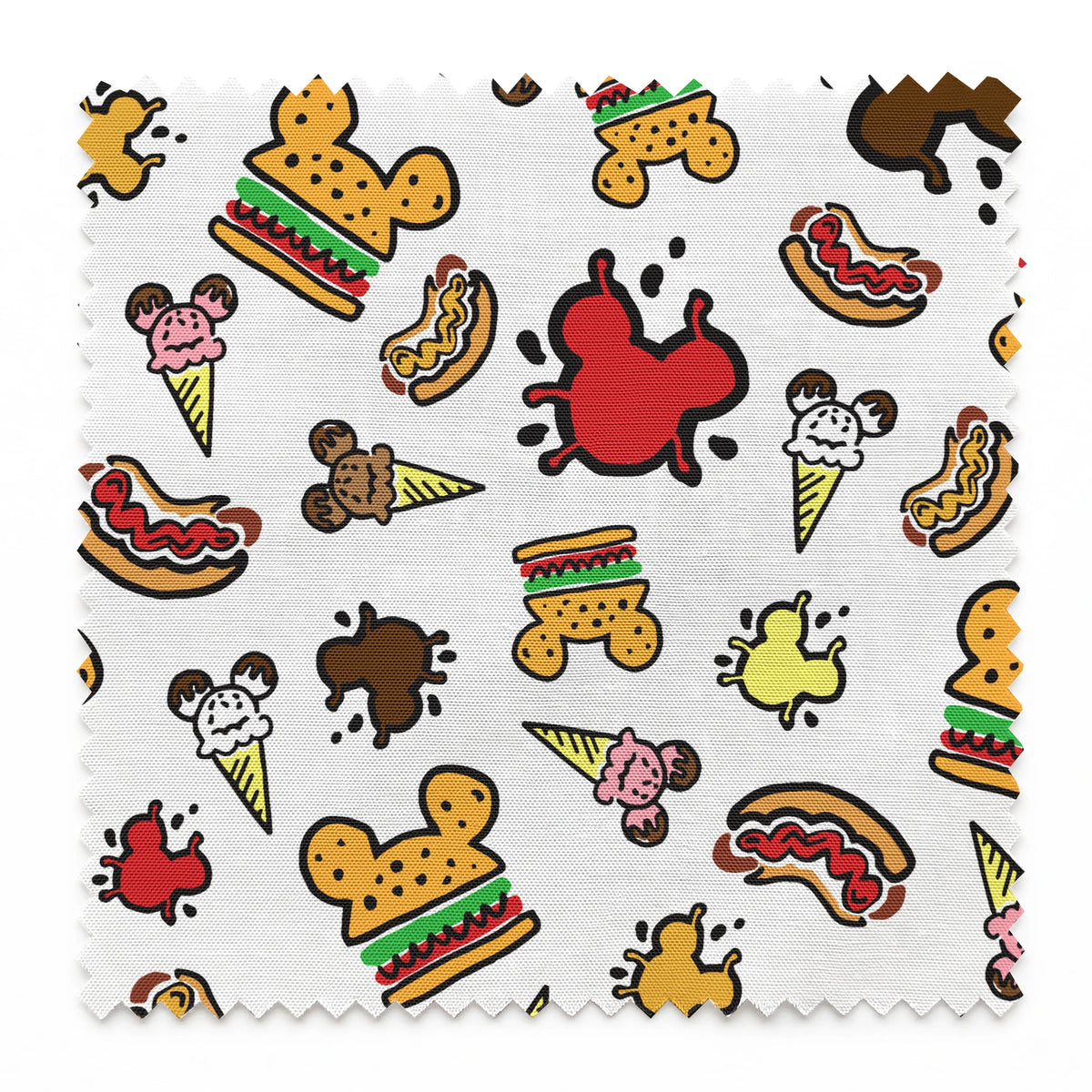 Colorful Disney theme park food icons including Mickey-shaped burgers, ice cream cones, hot dogs and apples on white background springs swatch pinked
