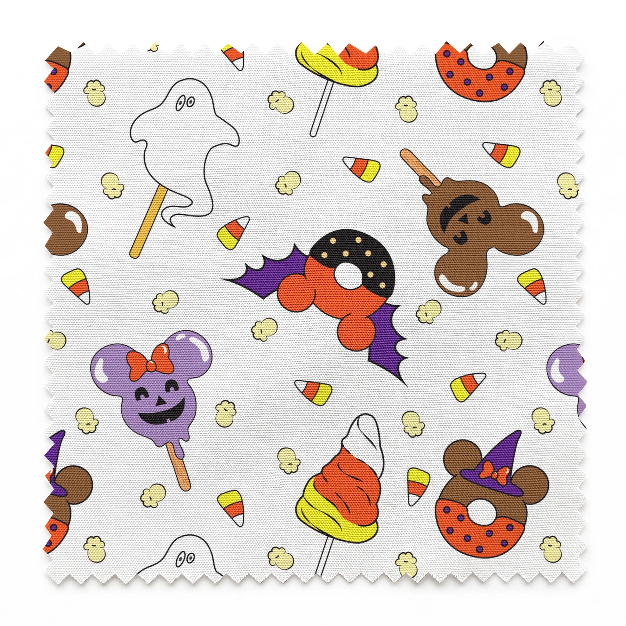Disney Halloween themed pattern with candy lollipops, ghost, bats, and candy corn springs swatch pinked