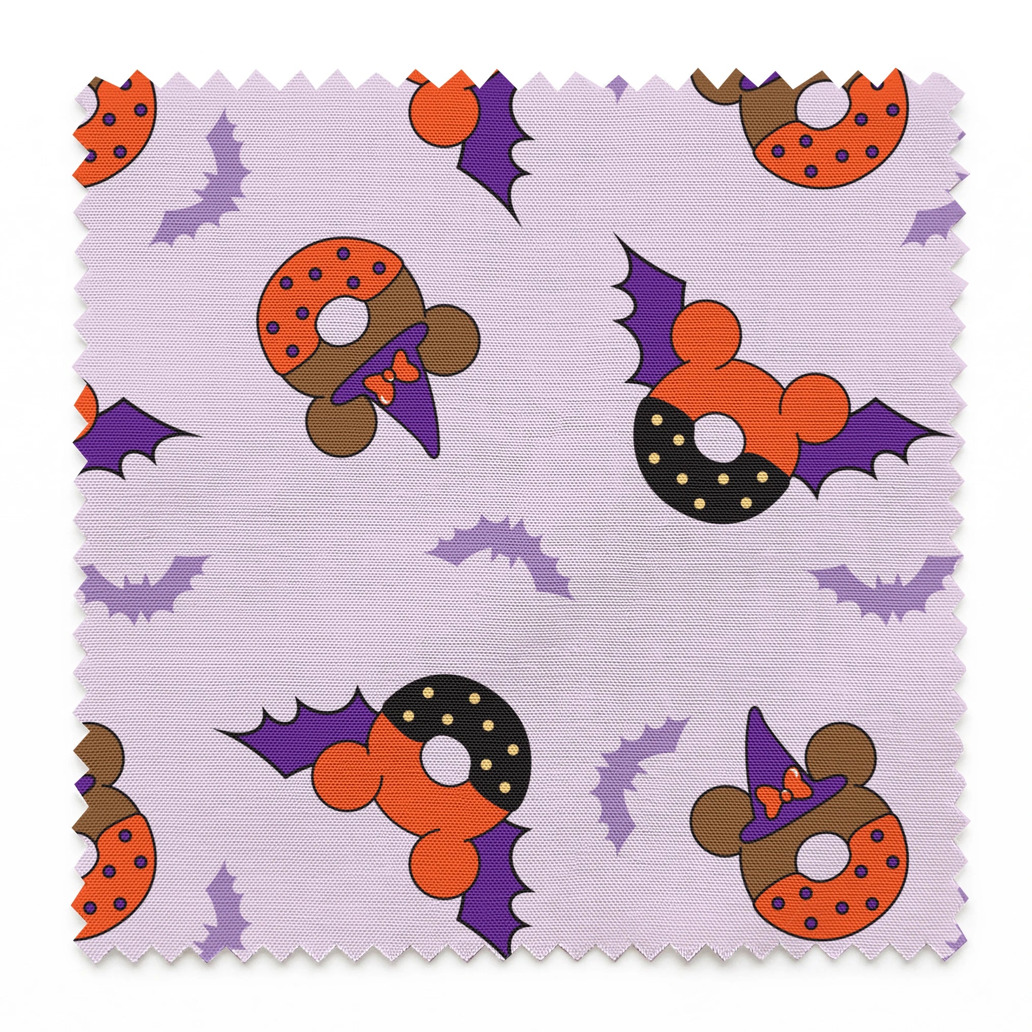 Disney Halloween-themed pattern with orange and black donuts, purple bat wings, and light purple bats on lavender background springs swatch pinked
