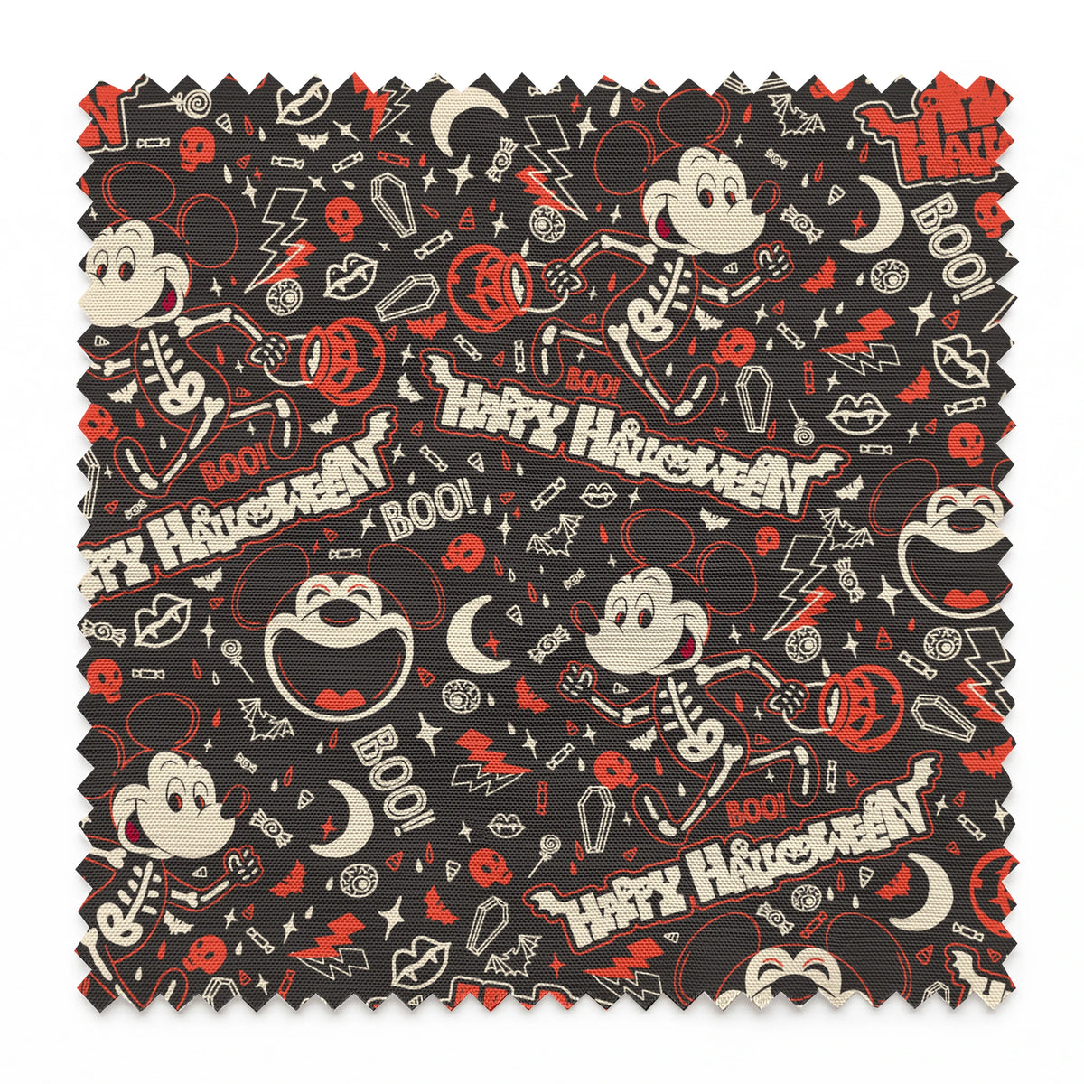 Mickey Mouse Halloween pattern with bats, pumpkins, and "Happy Halloween" text on dark background springs swatch pinked