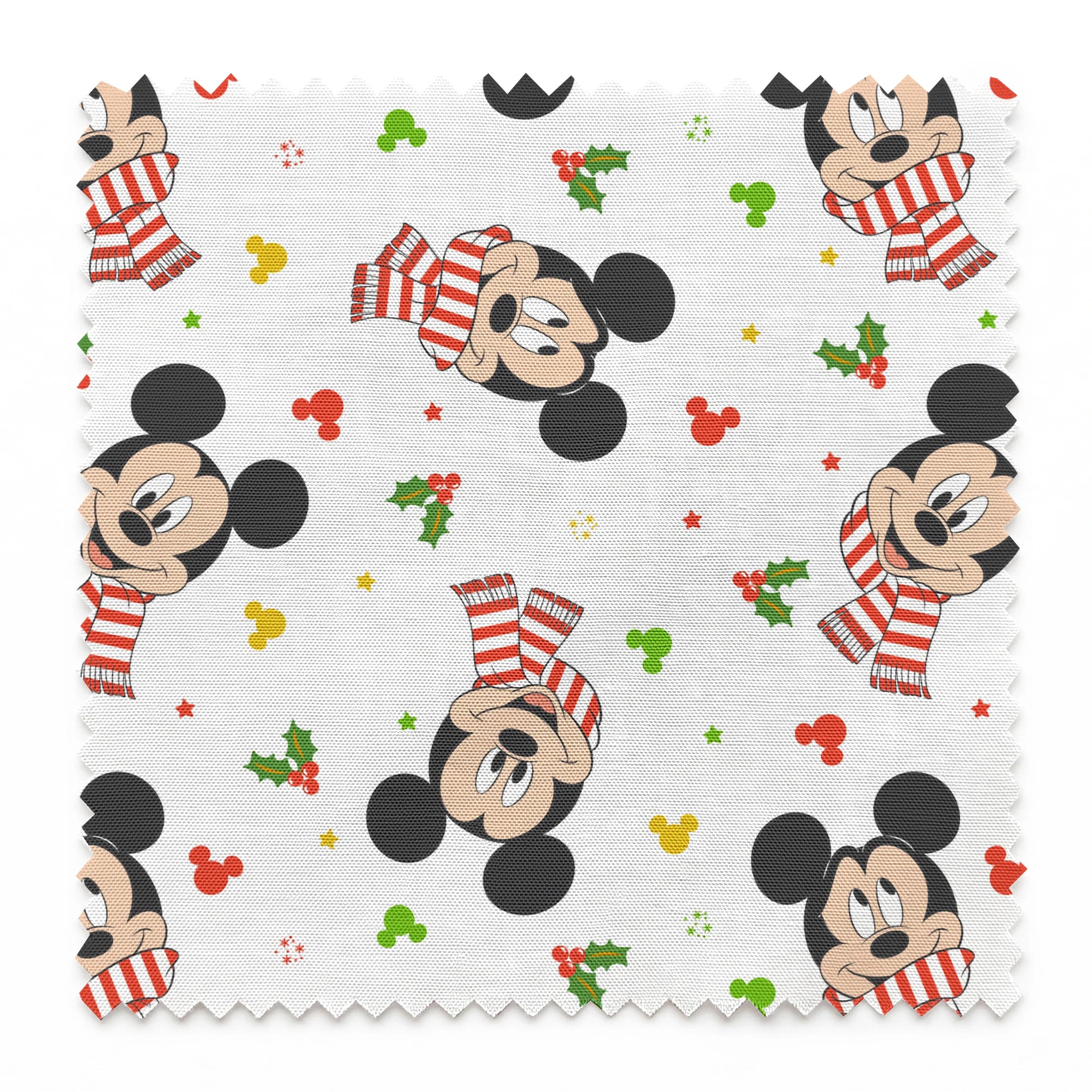 Mickey Mouse wearing red striped scarves, surrounded by holly and colorful icons on white background springs swatch pinked