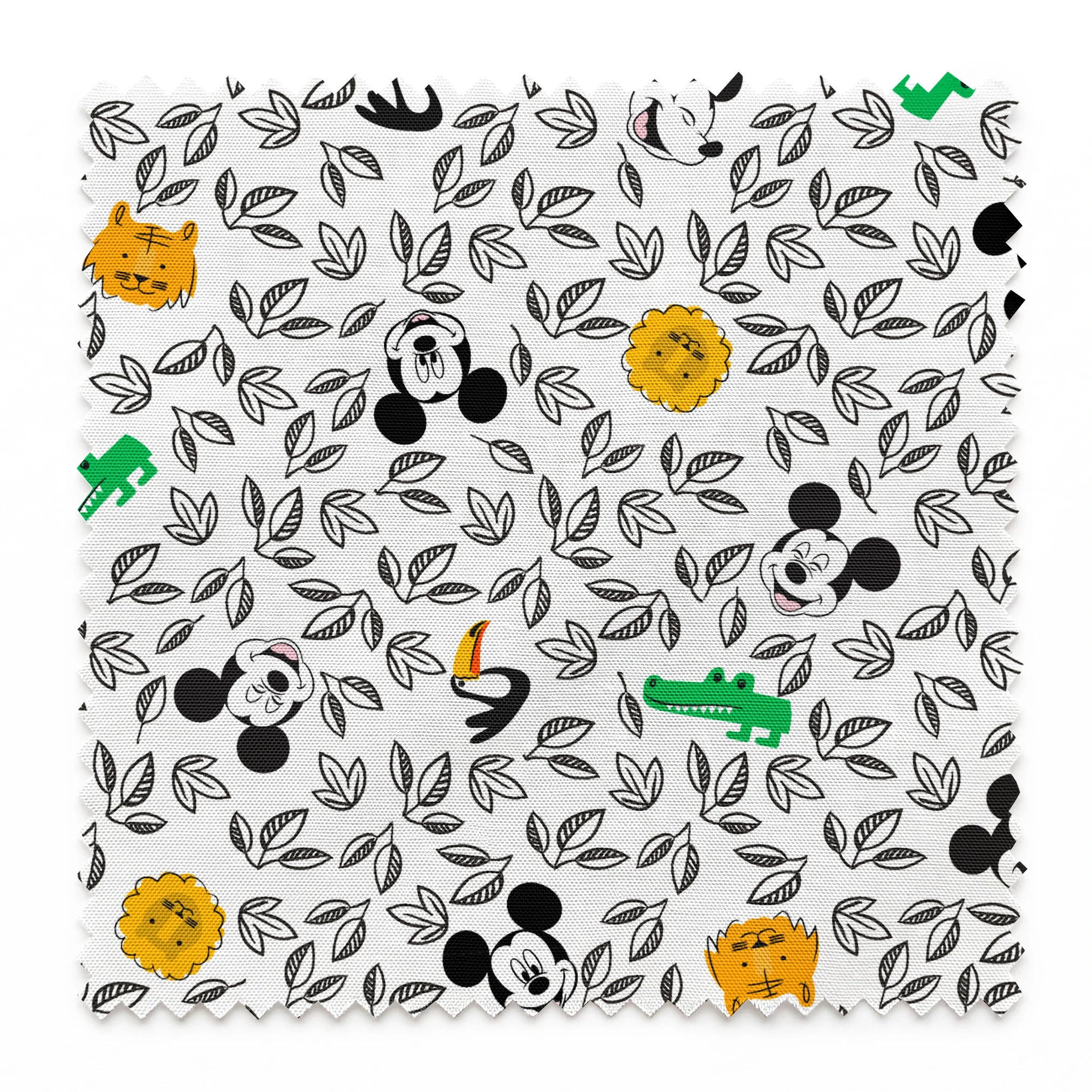 Pattern of cartoon Mickey Mouse silhouettes with yellow honeycomb, green bamboo, and black and white leaves springs swatch pinked