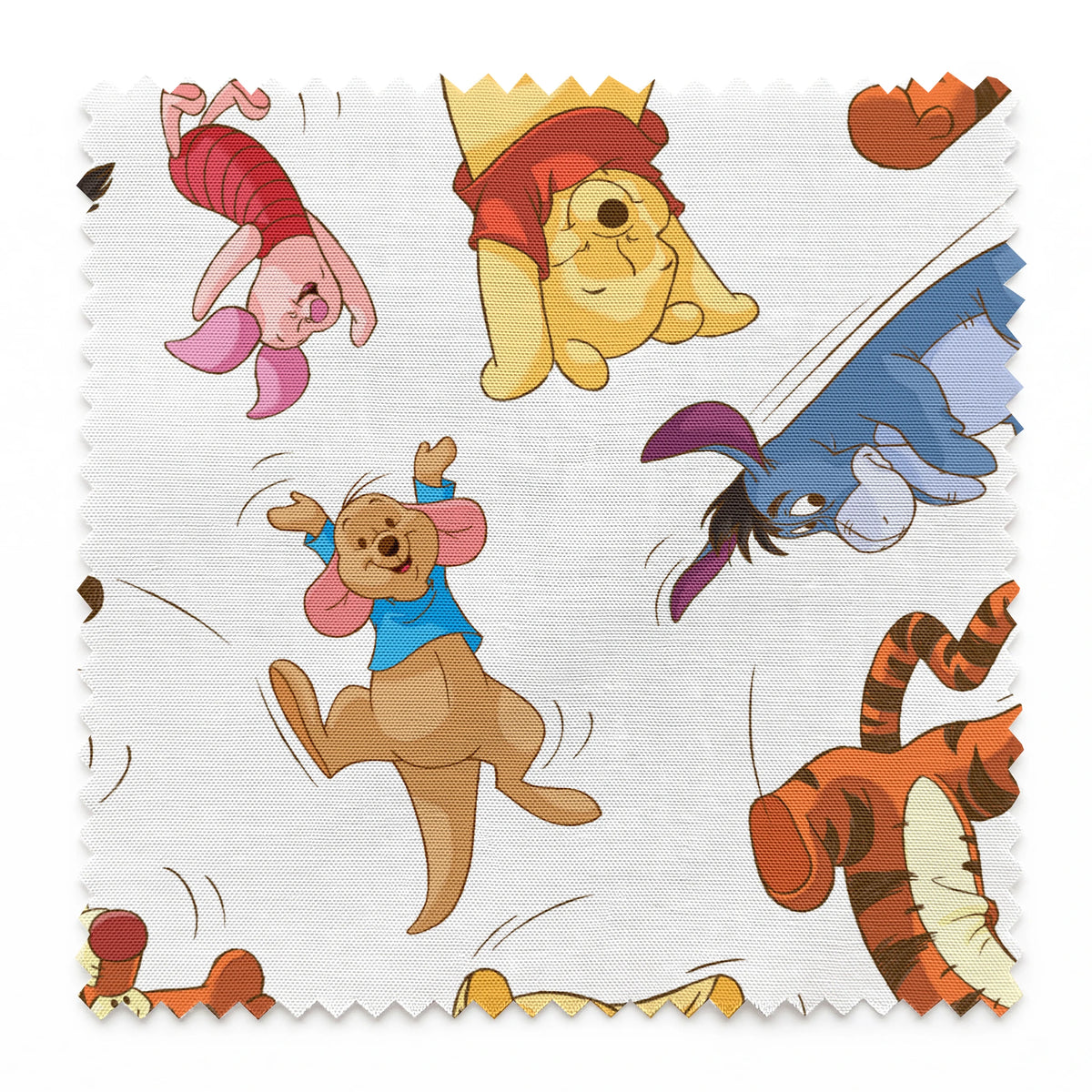 Colorful pattern featuring Winnie the Pooh characters jumping and bouncing on white background springs swatch pinked