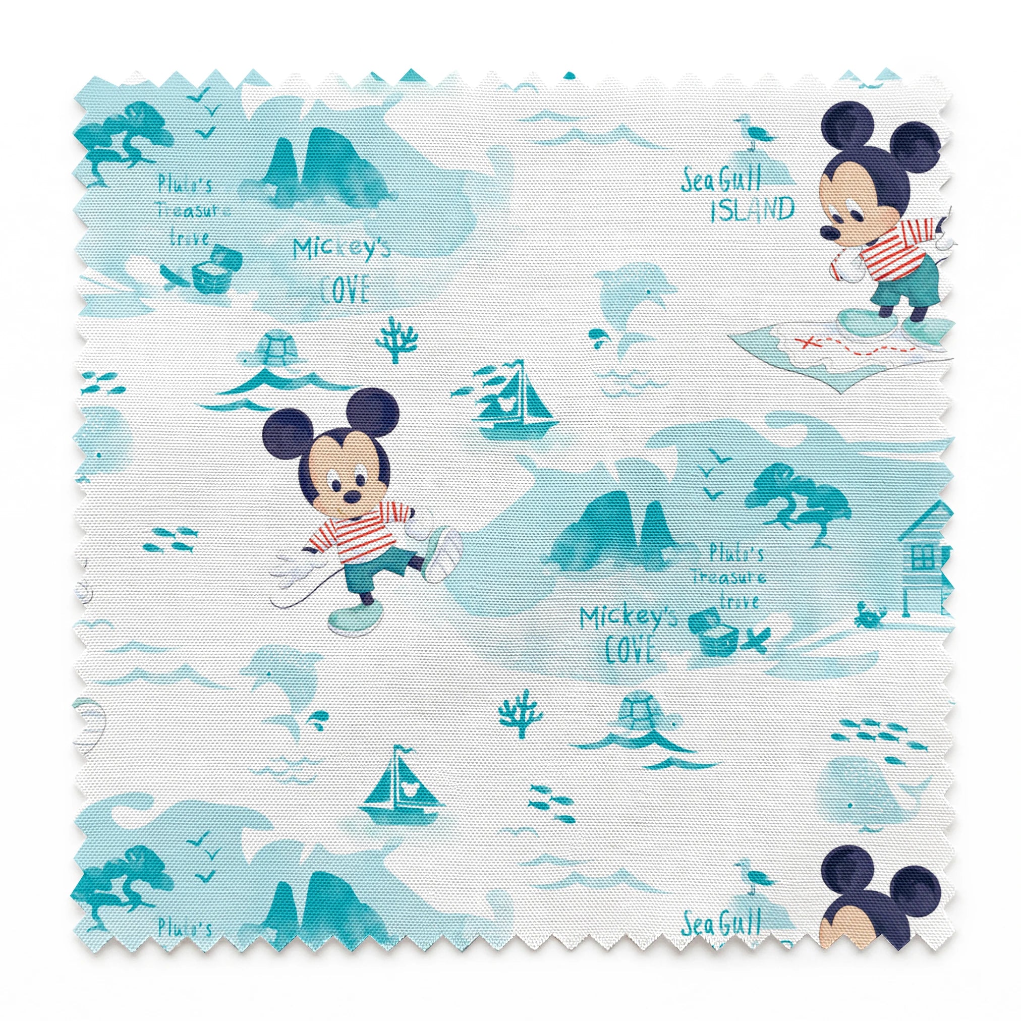 Cartoon Mickey Mouse pattern with turquoise ocean elements, sharks, waves, and "Safari" text springs swatch pinked