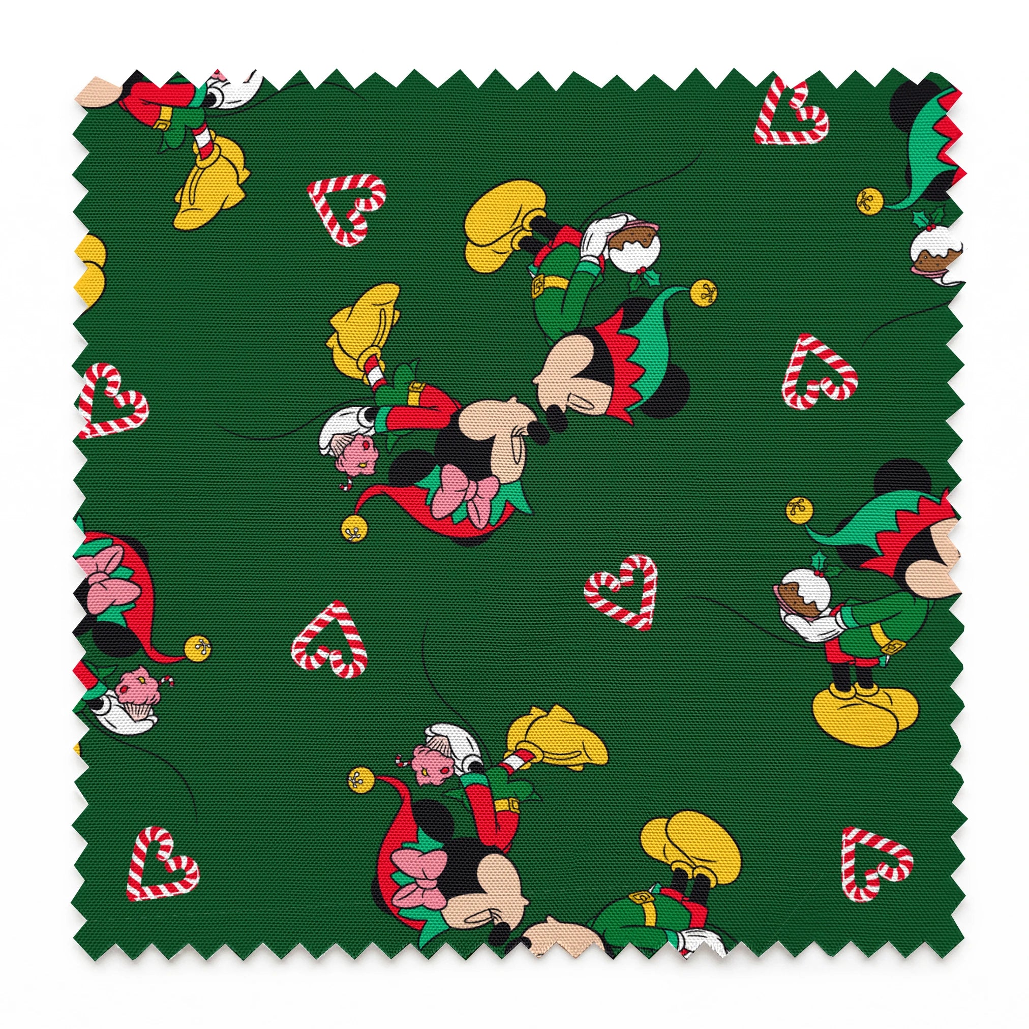 Festive Mickey Mouse pattern with candy canes on green background springs swatch pinked