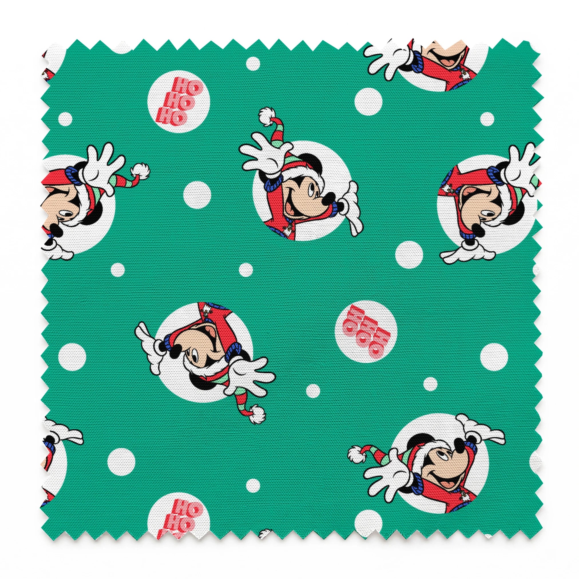 Mickey Mouse in Santa hats on green polka dot background with "Ho Ho Ho" text springs swatch pinked