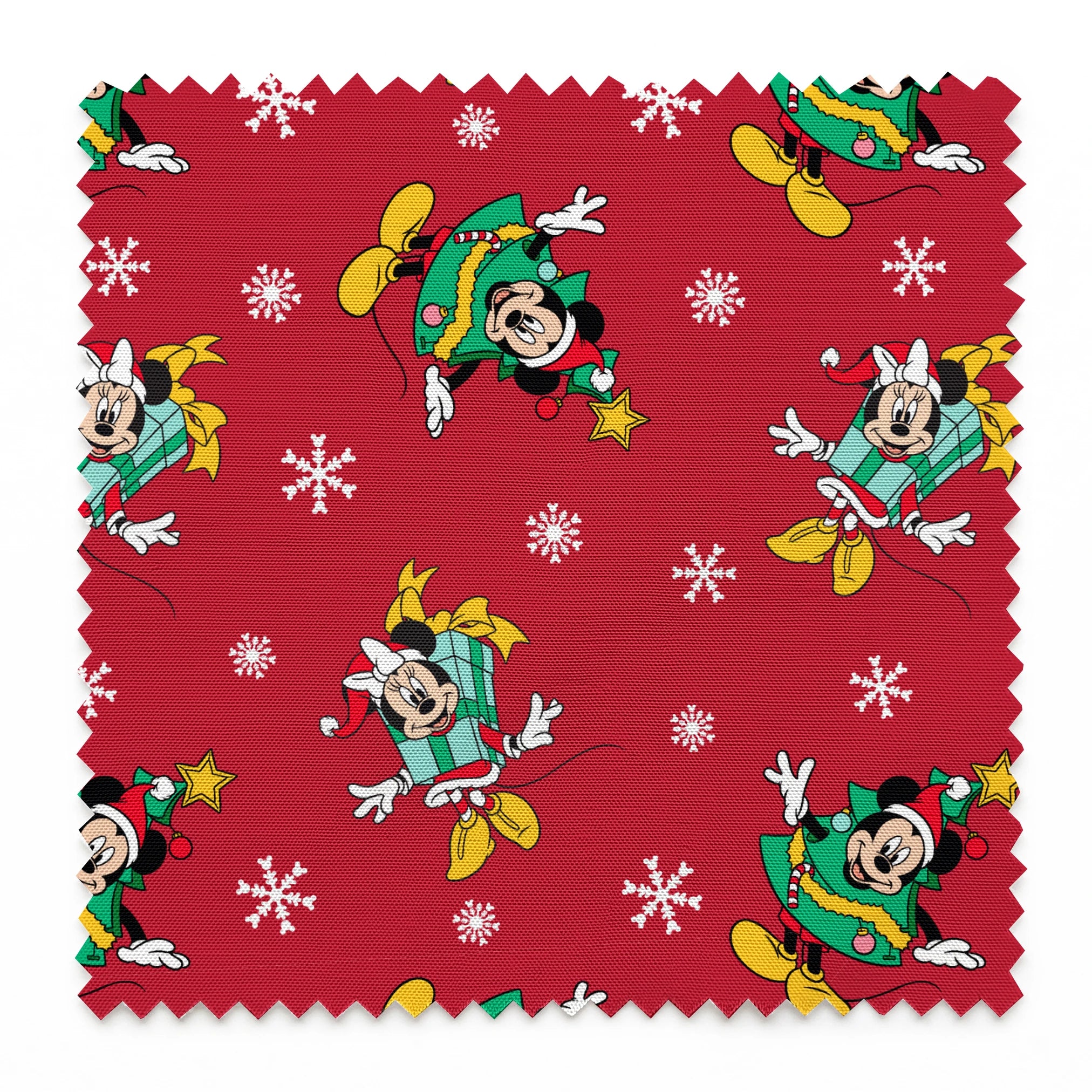 Disney characters in holiday outfits on red background with white snowflakes springs swatch pinked