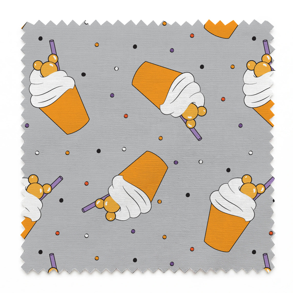 Orange Disney-inspired drinks with whipped cream and purple straws on gray background with colorful dots springs swatch pinked