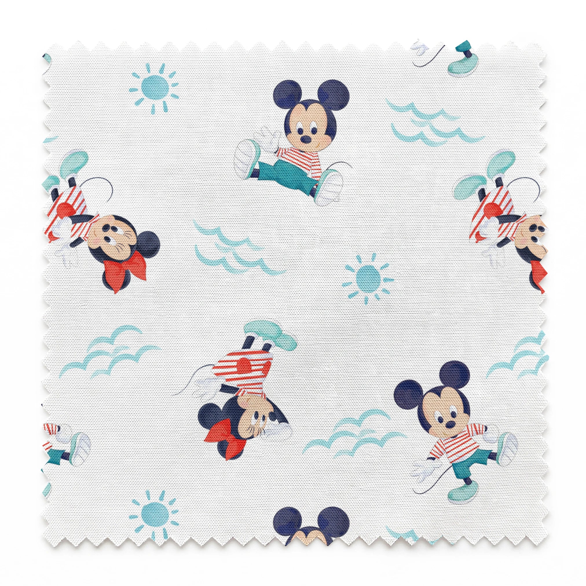 Mickey Mouse pattern with characters in various poses, blue waves and suns on white background, nautical theme springs swatch pinked