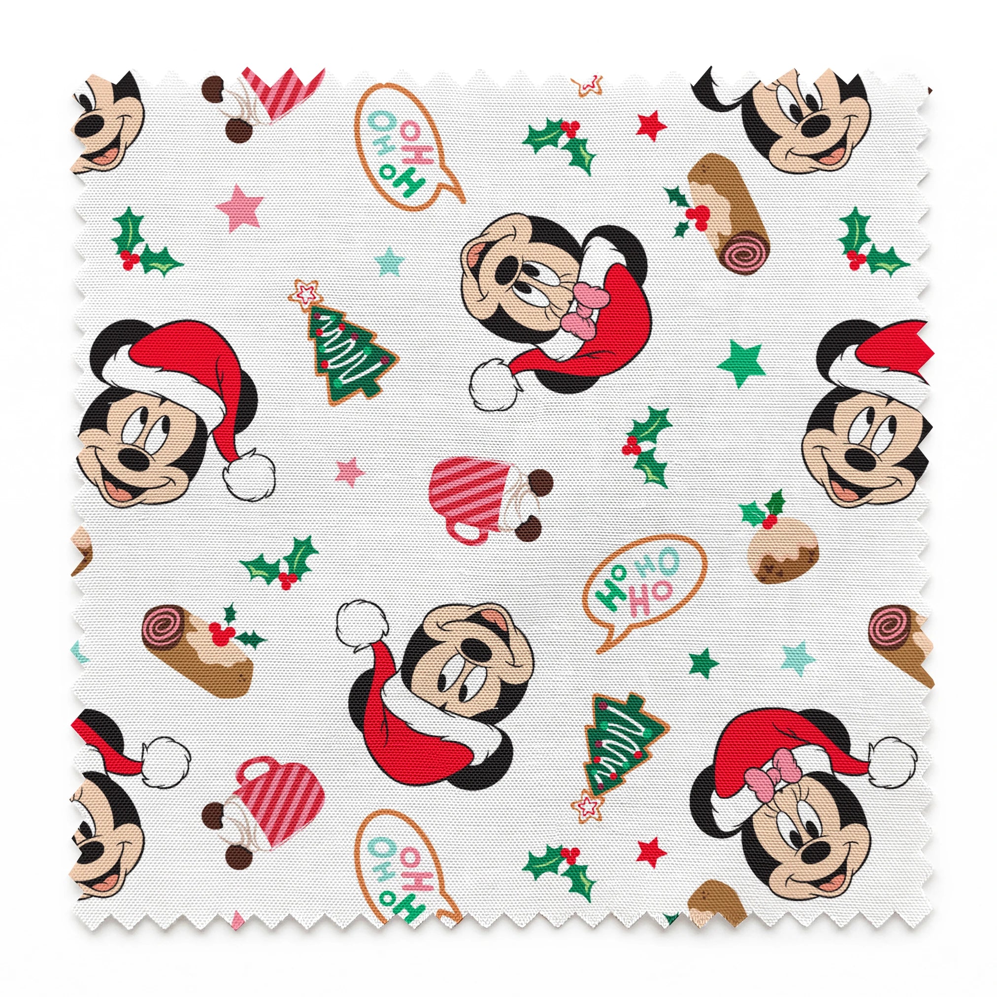 Mickey Mouse Christmas pattern with Santa hats, holly, speech bubbles, and festive decorations on white background springs swatch pinked