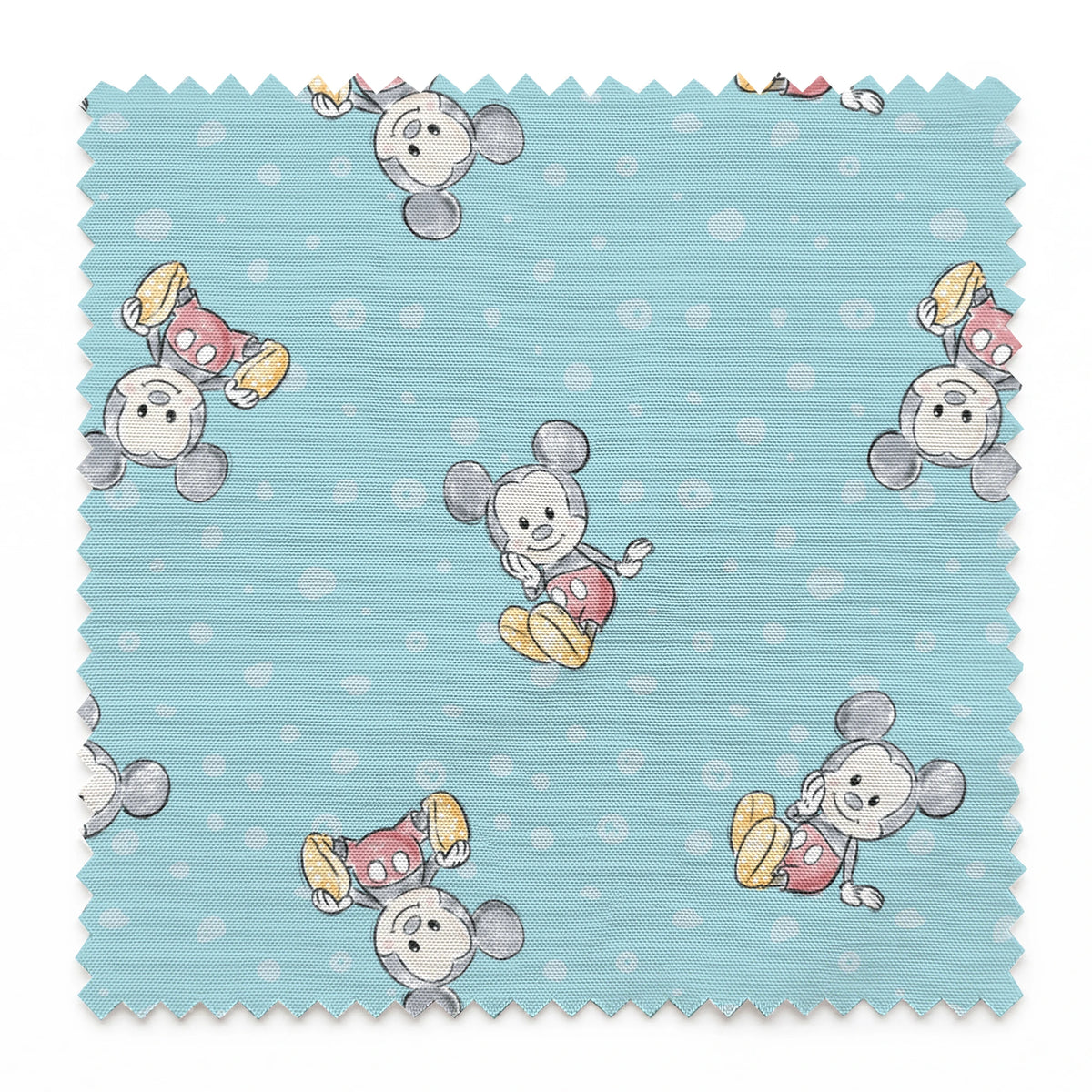 Cute cartoon mouse pattern with gray mice wearing colorful outfits on light blue polka dot background springs swatch pinked