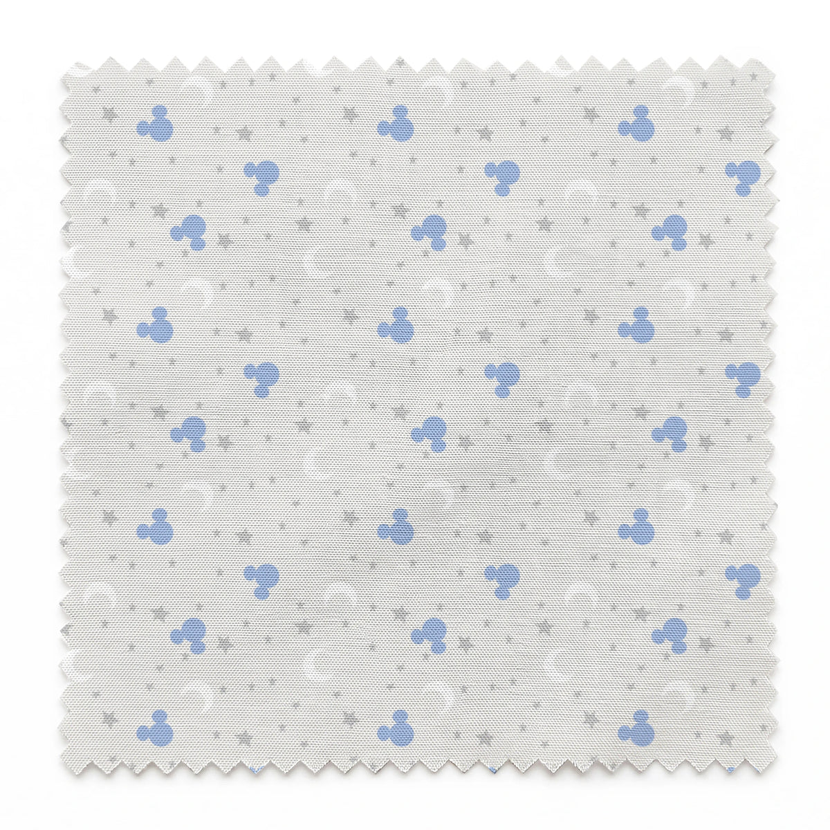 Blue Mickey Mouse silhouettes with white moons and gray stars on light gray background springs swatch pinked