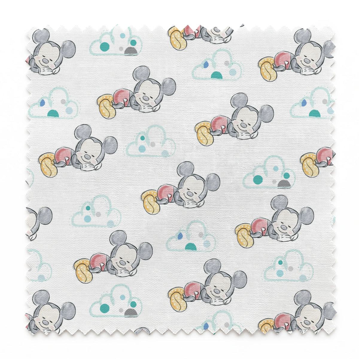 Cute cartoon mouse characters sleeping peacefully on white background with mint green clouds pattern springs swatch pinked