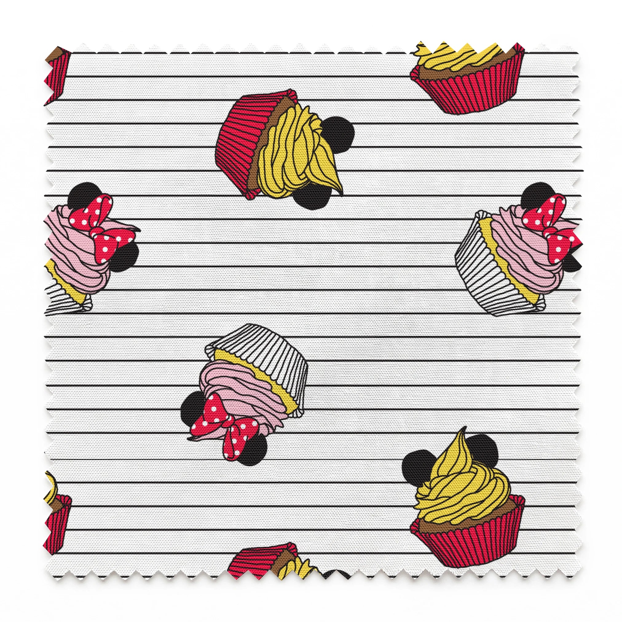 Colorful cartoon cupcakes with Mickey Mouse ears and bows scattered on striped background springs swatch pinked