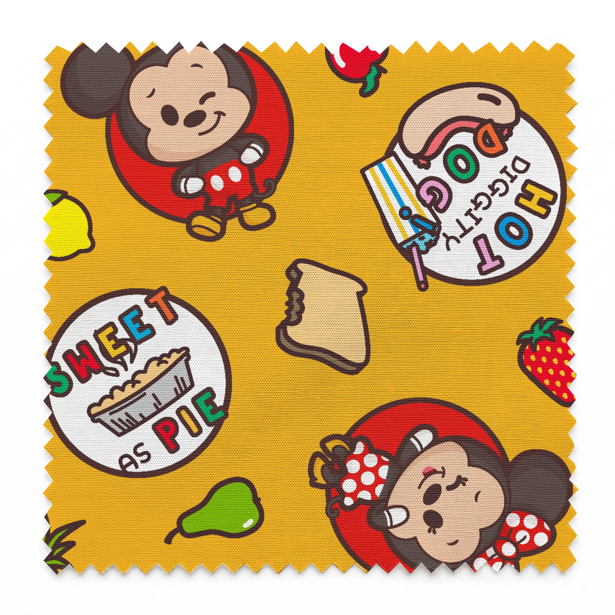 Mickey & Minnie Mouse with round badges on yellow background with fruit icons and toast patterns springs swatch pinked