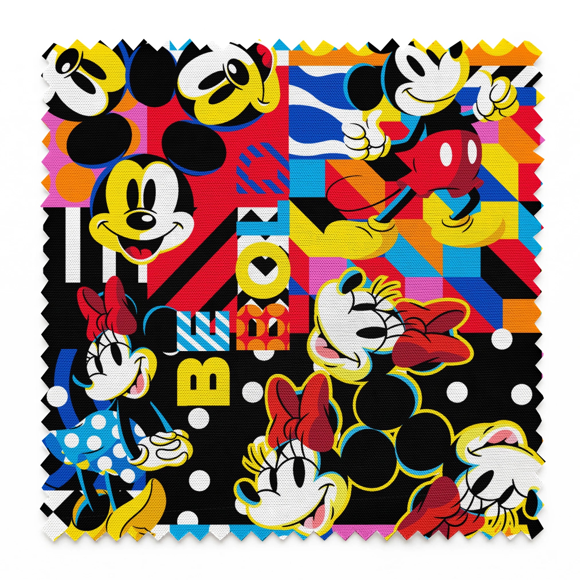 Vibrant pop art collage of Mickey Mouse in various poses against colorful geometric patterns and backgrounds springs swatch pinked