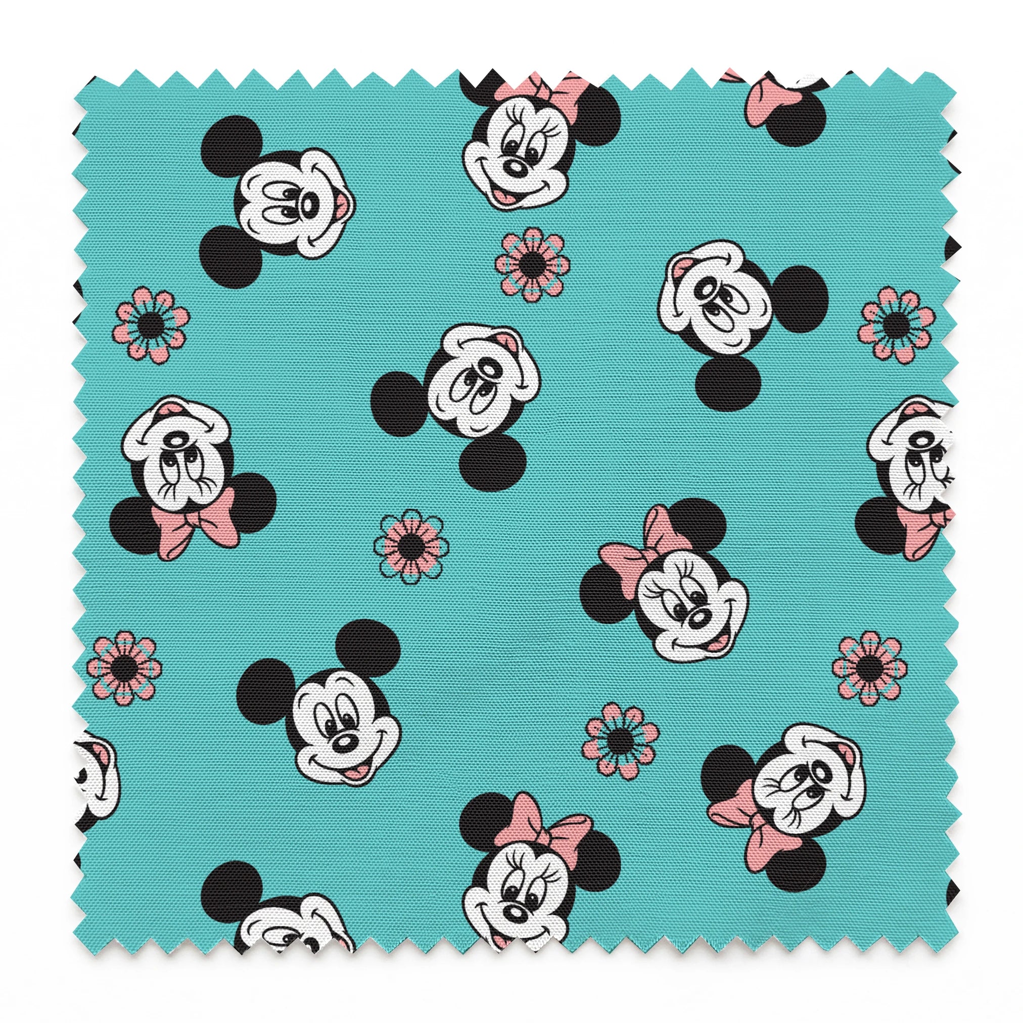 Mickey and Minnie Mouse cartoon faces scattered on turquoise background with small flowers springs swatch pinked