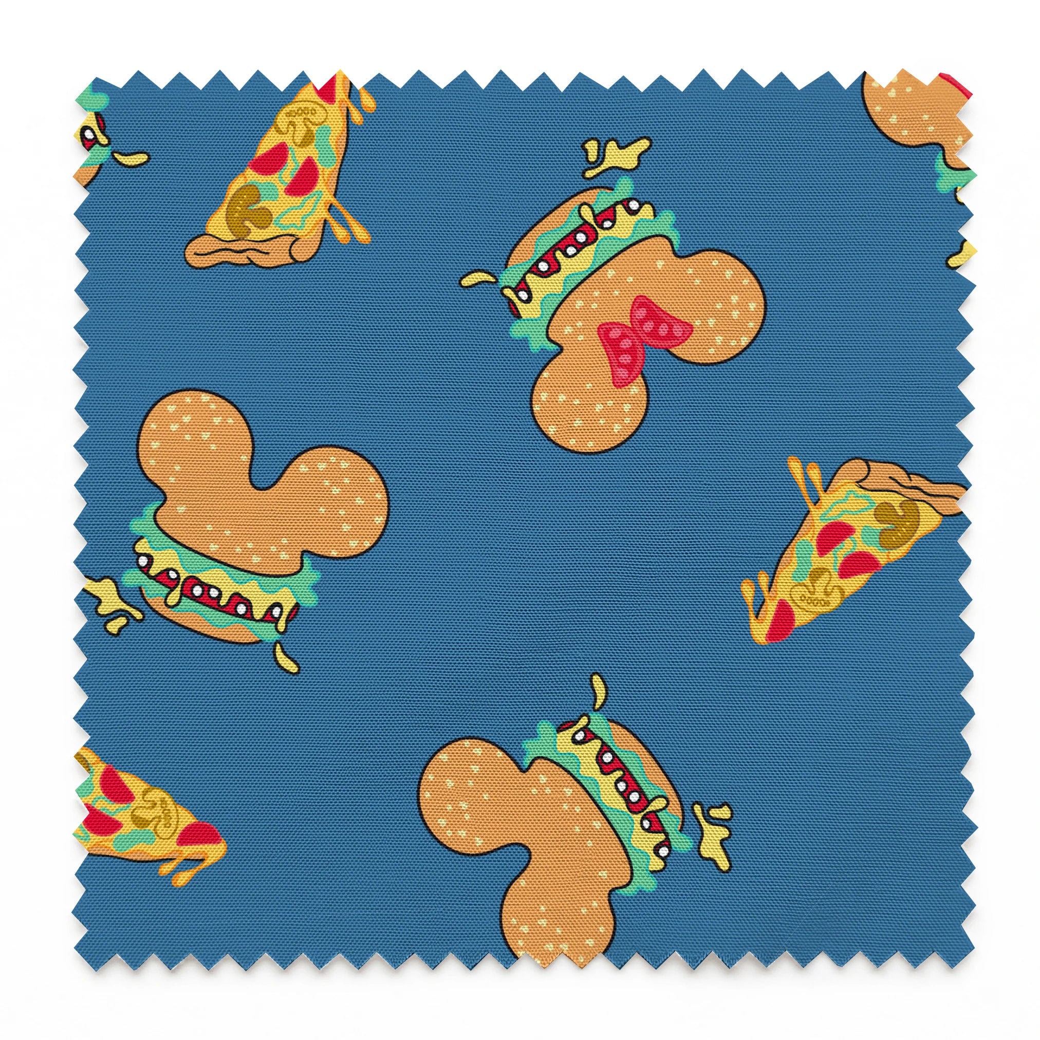 Pattern of Disney-inspired food items - hot dogs and pizza slices on blue background springs swatch pinked