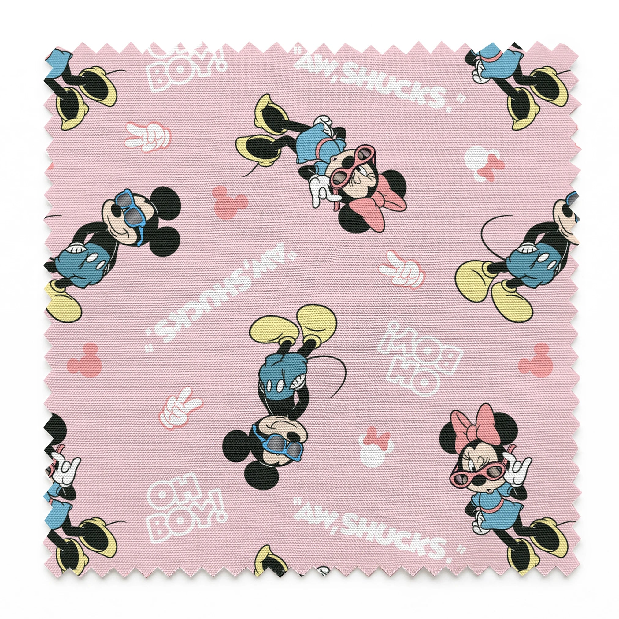 Disney cartoon characters on pink background with expressions "Oh Boy" and "Aw Shucks" in repeating pattern springs swatch pinked