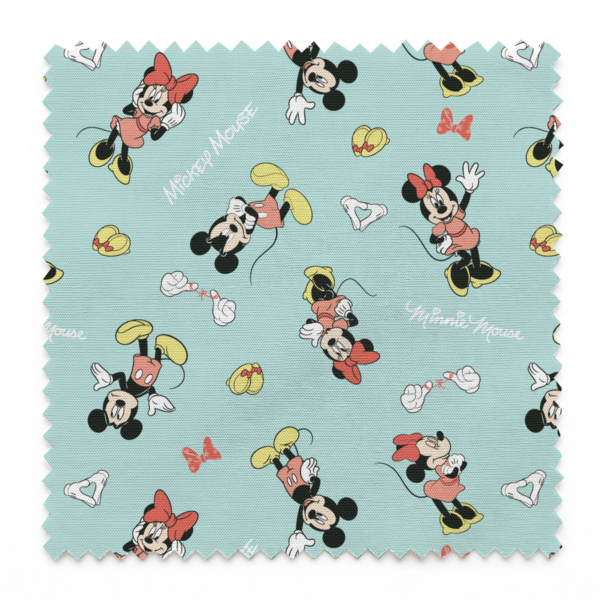 Mickey and Minnie Mouse pattern on light turquoise background with scattered characters, bows, and gloves springs swatch pinked