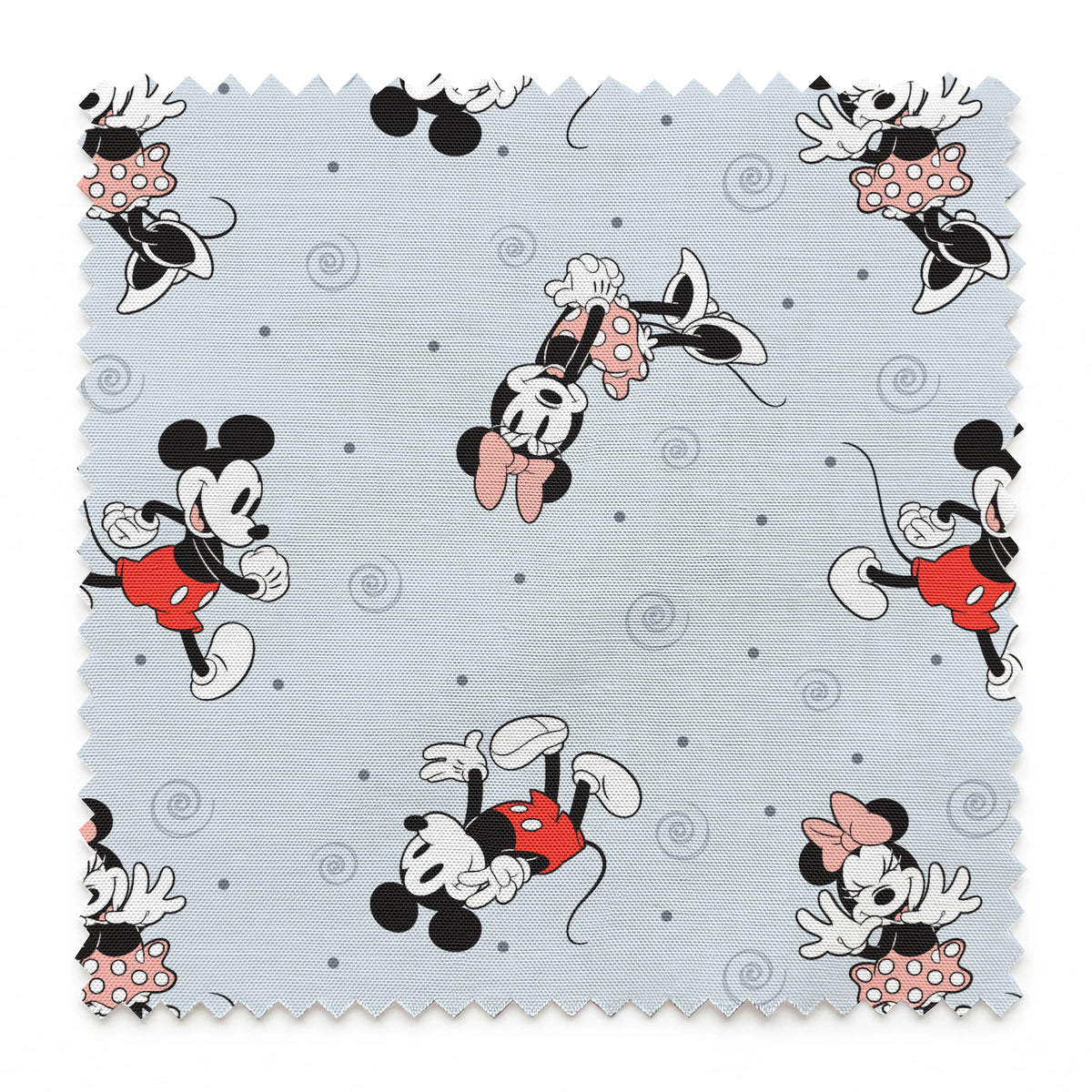 Classic Minnie and Mickey Mouse pattern with characters in various poses on light blue background with swirls springs swatch pinked