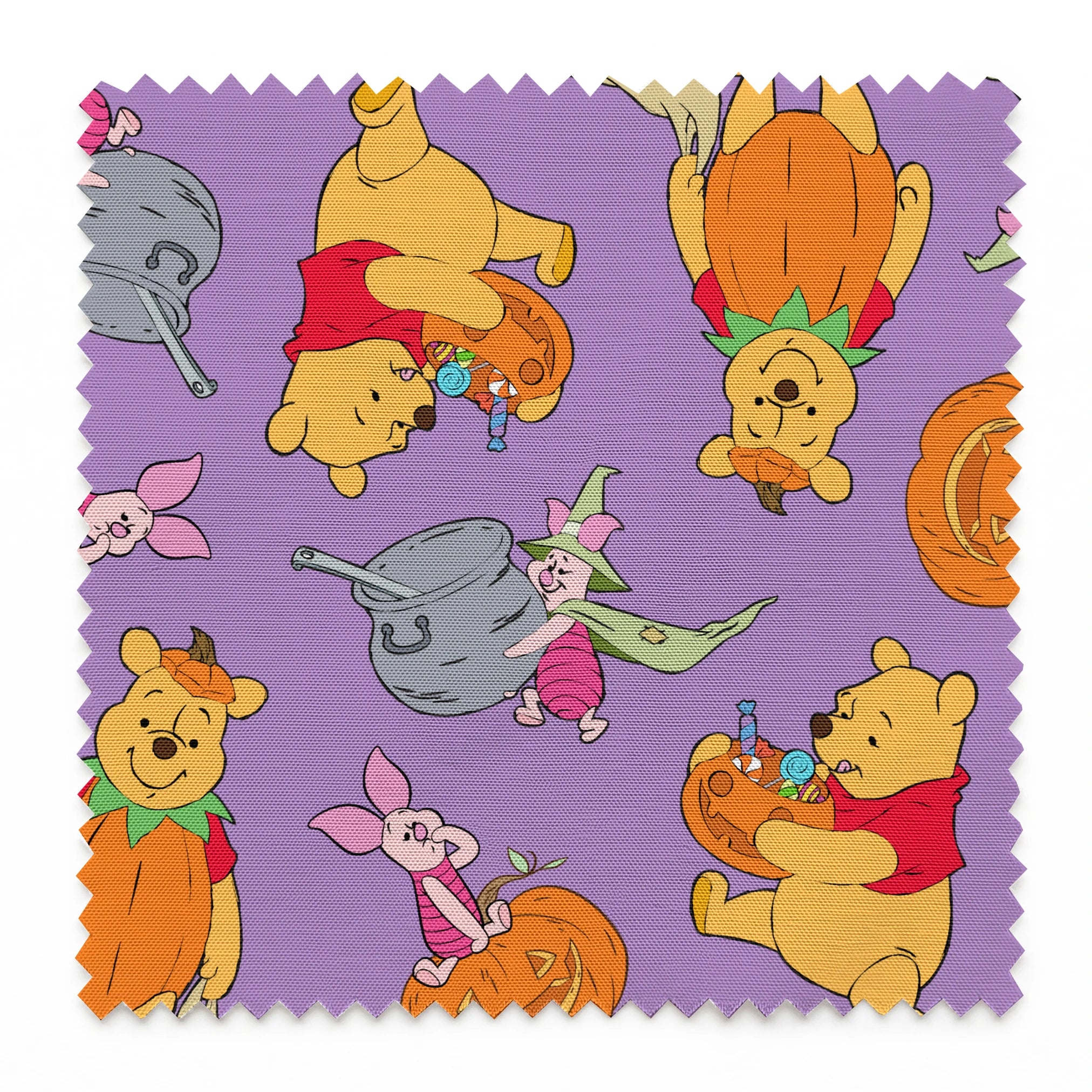 Whimsical Winnie the Pooh pattern with Piglet and Eeyore on purple background with pumpkins springs swatch pinked