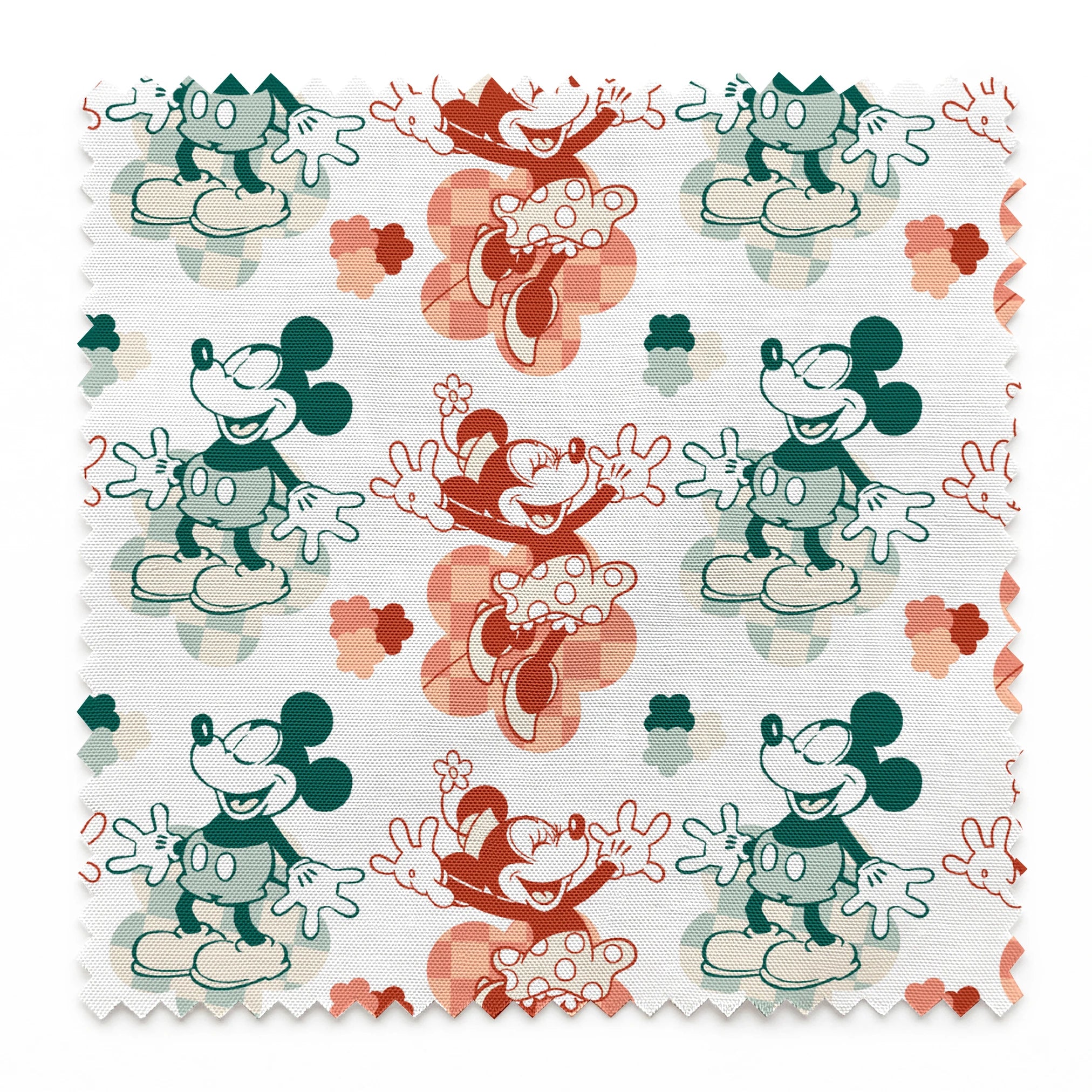 Repeating pattern of vintage-style cartoon characters in green and red-orange tones on white background springs swatch pinked