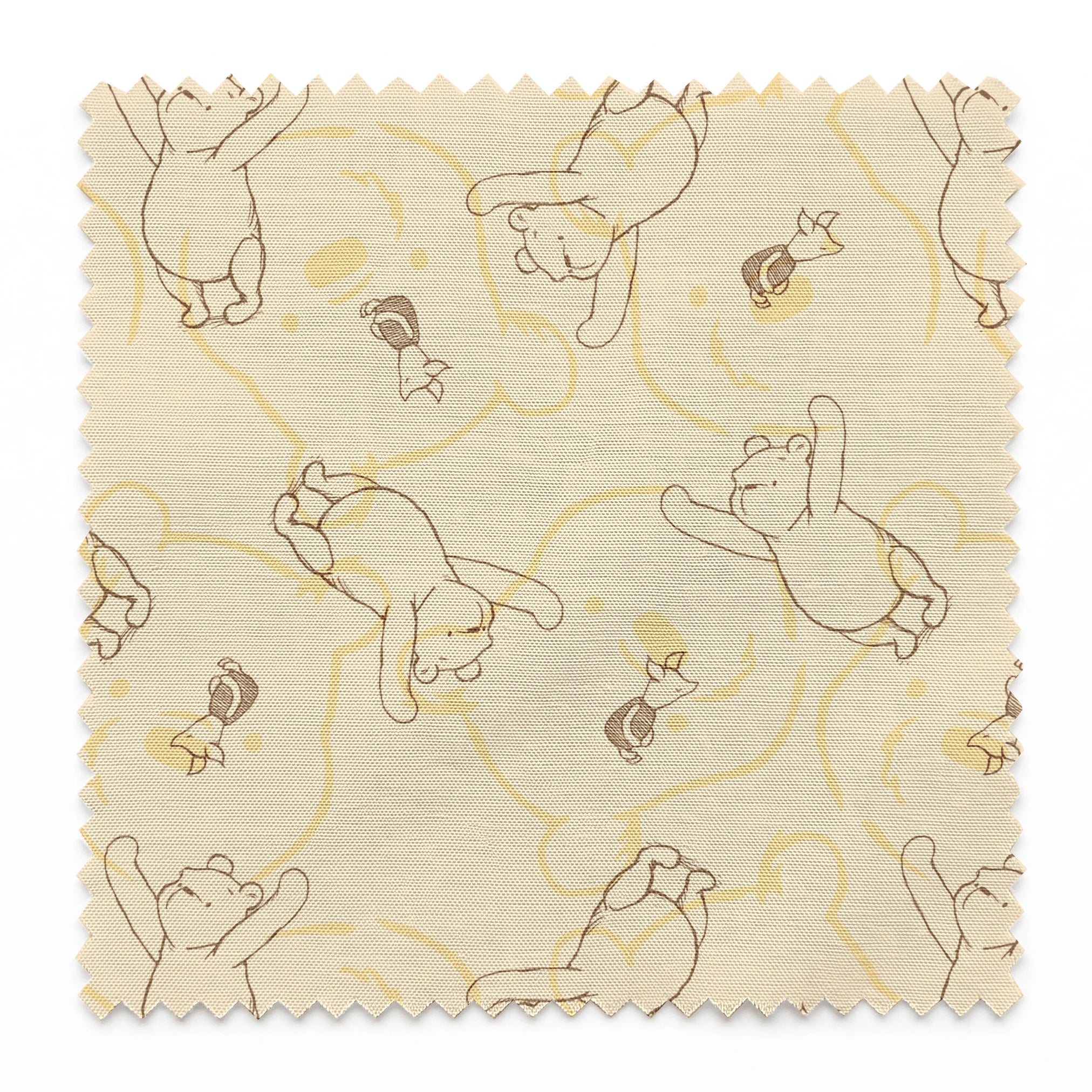 Sketched bear illustrations in various playful poses on a light beige background pattern springs swatch pinked