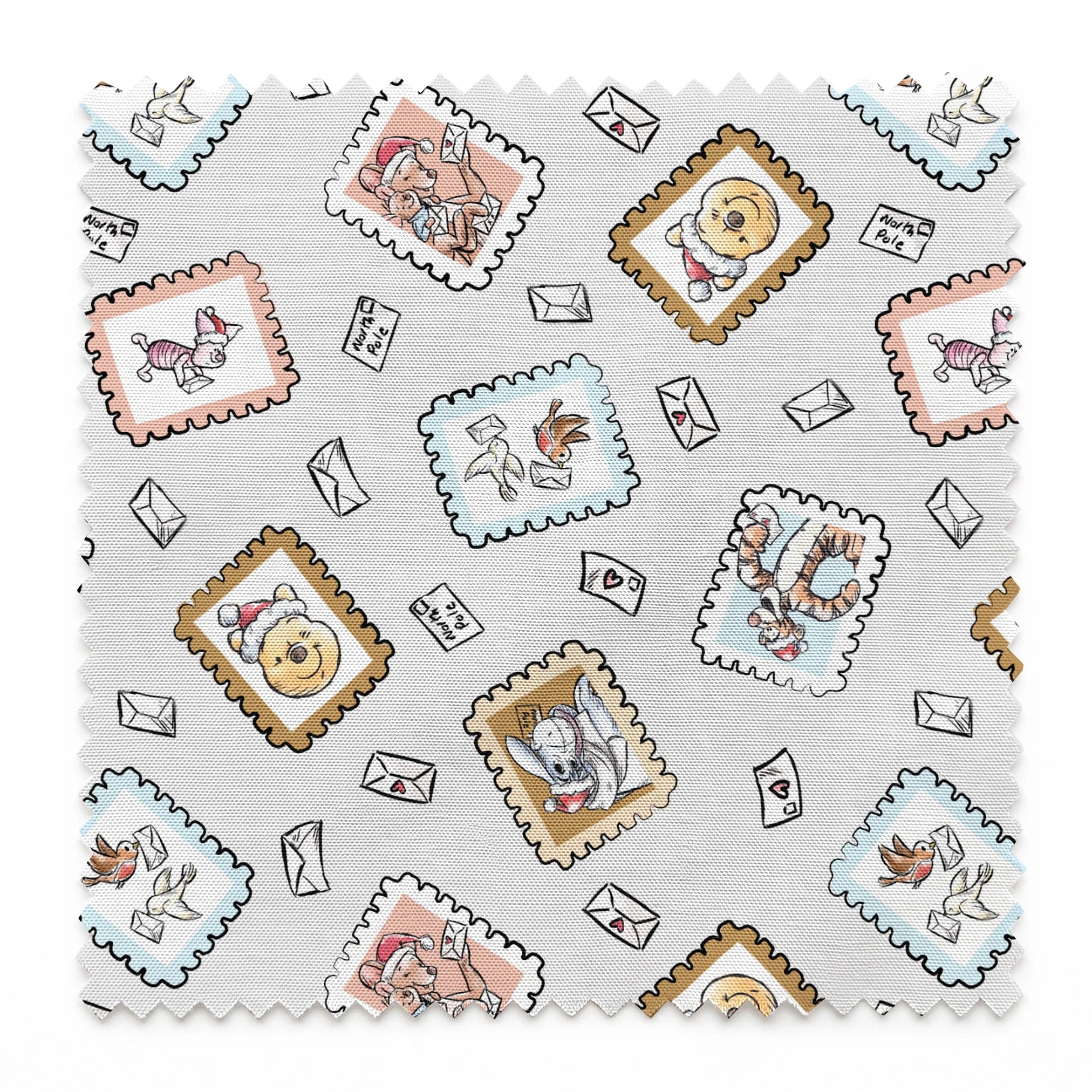 Vintage-style postage stamps with fairy tale illustrations on a light gray background with envelo... springs swatch pinked