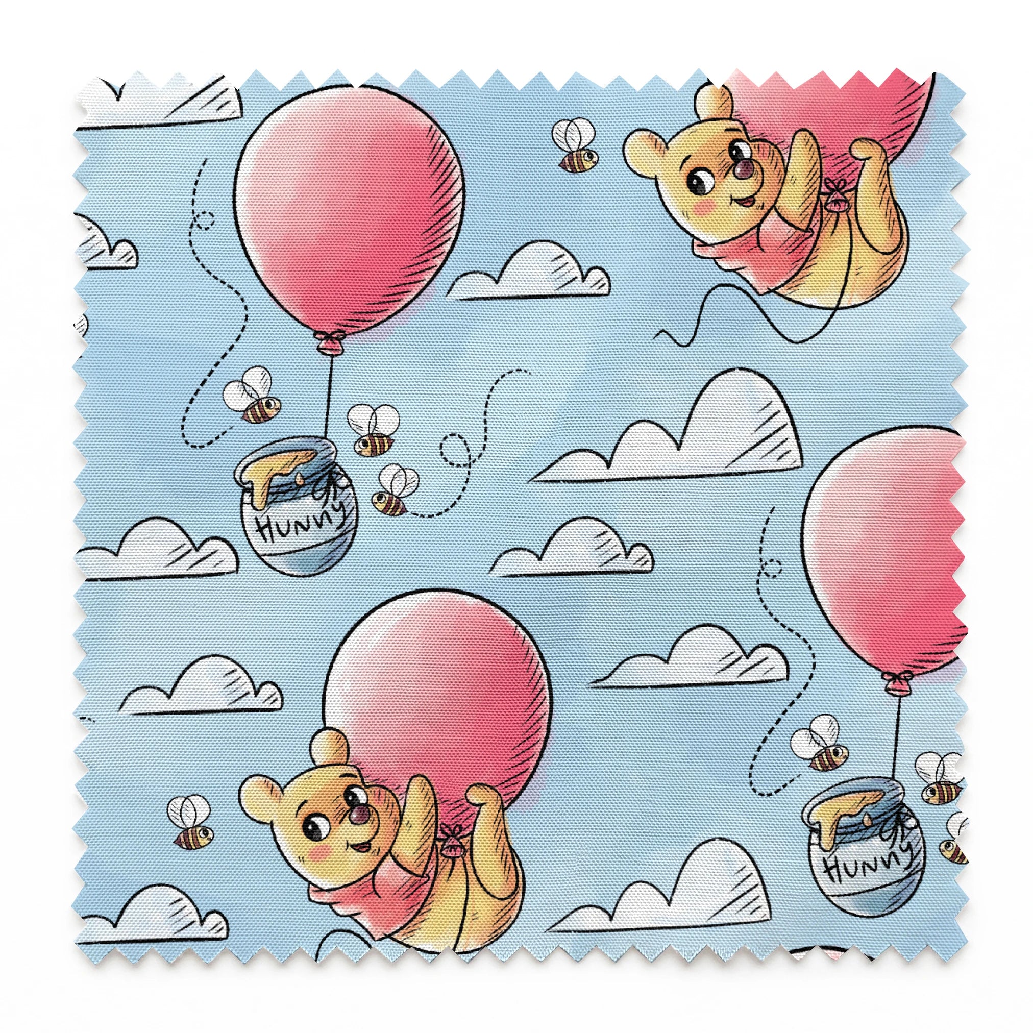 Cute yellow bear characters floating with pink balloons and honey pots against a blue sky with cl... springs swatch pinked
