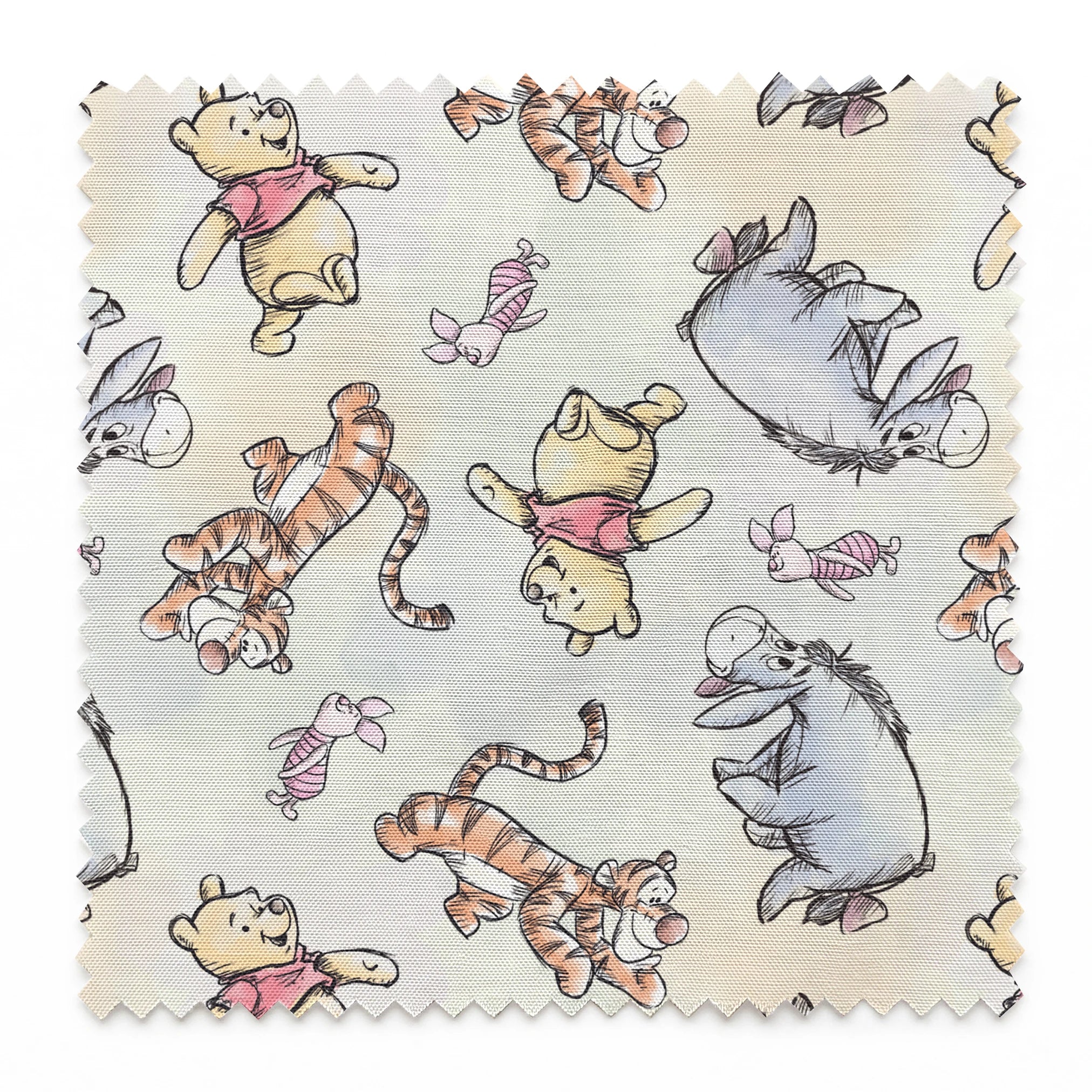 Whimsical pattern featuring cartoon bears in red shirts with bouncing tigers and small pink chara... springs swatch pinked
