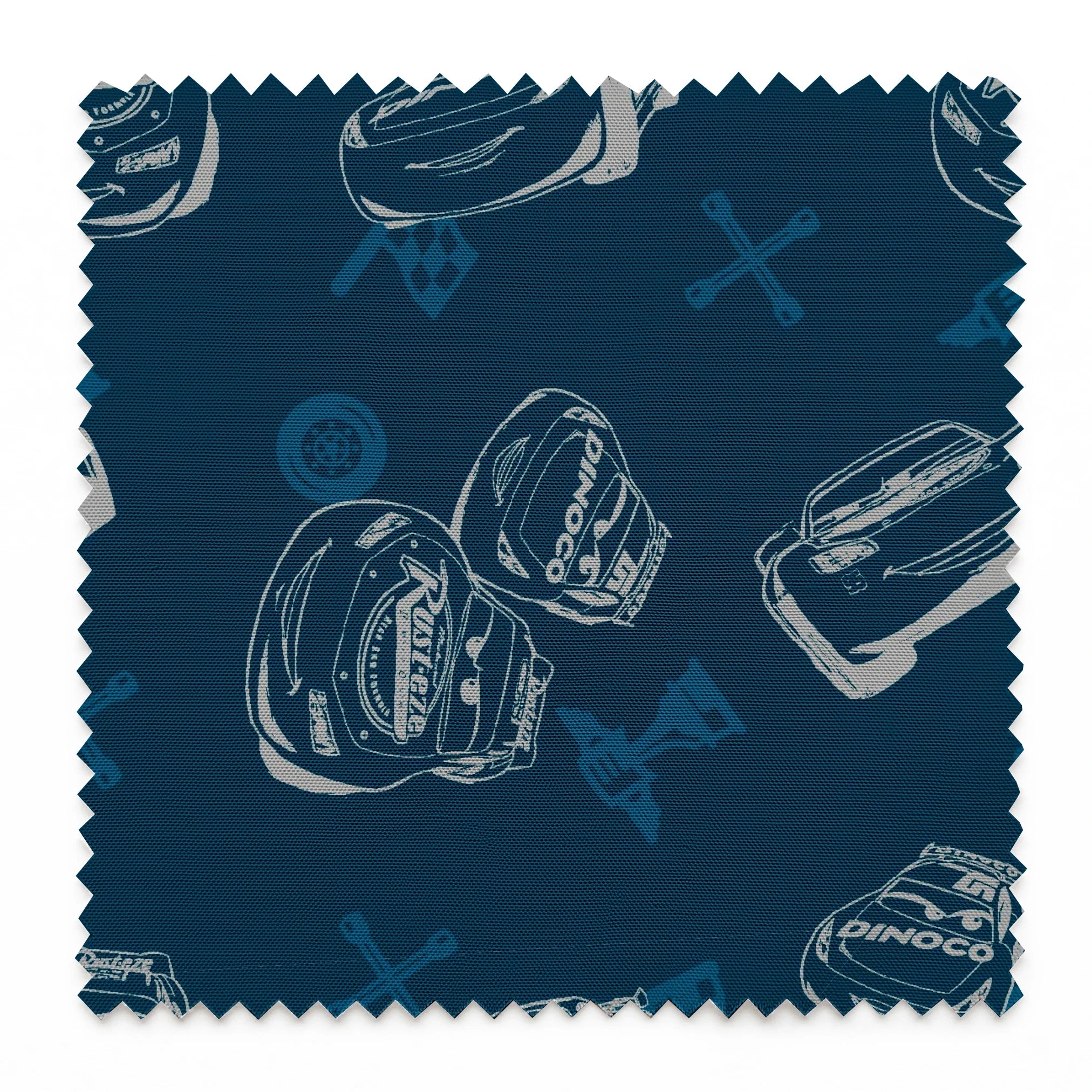 Race cars pattern on dark blue background with sketched vehicles and tire marks springs swatch pinked