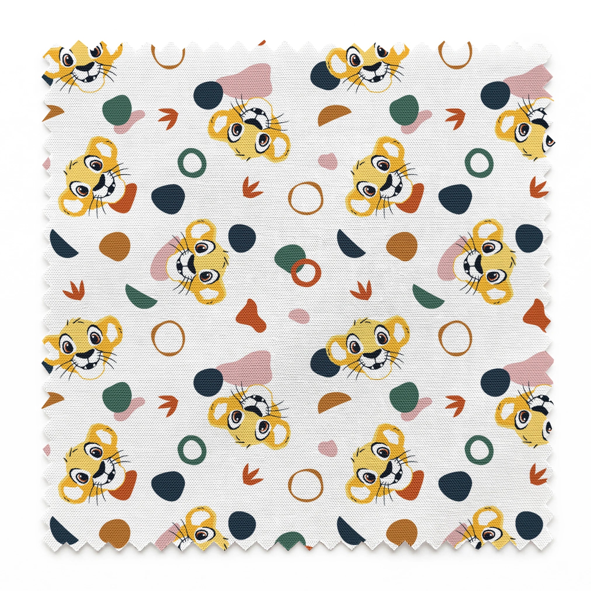 Cute Lion King characters with colorful abstract shapes in pink, teal, brown, and navy on white springs swatch pinked