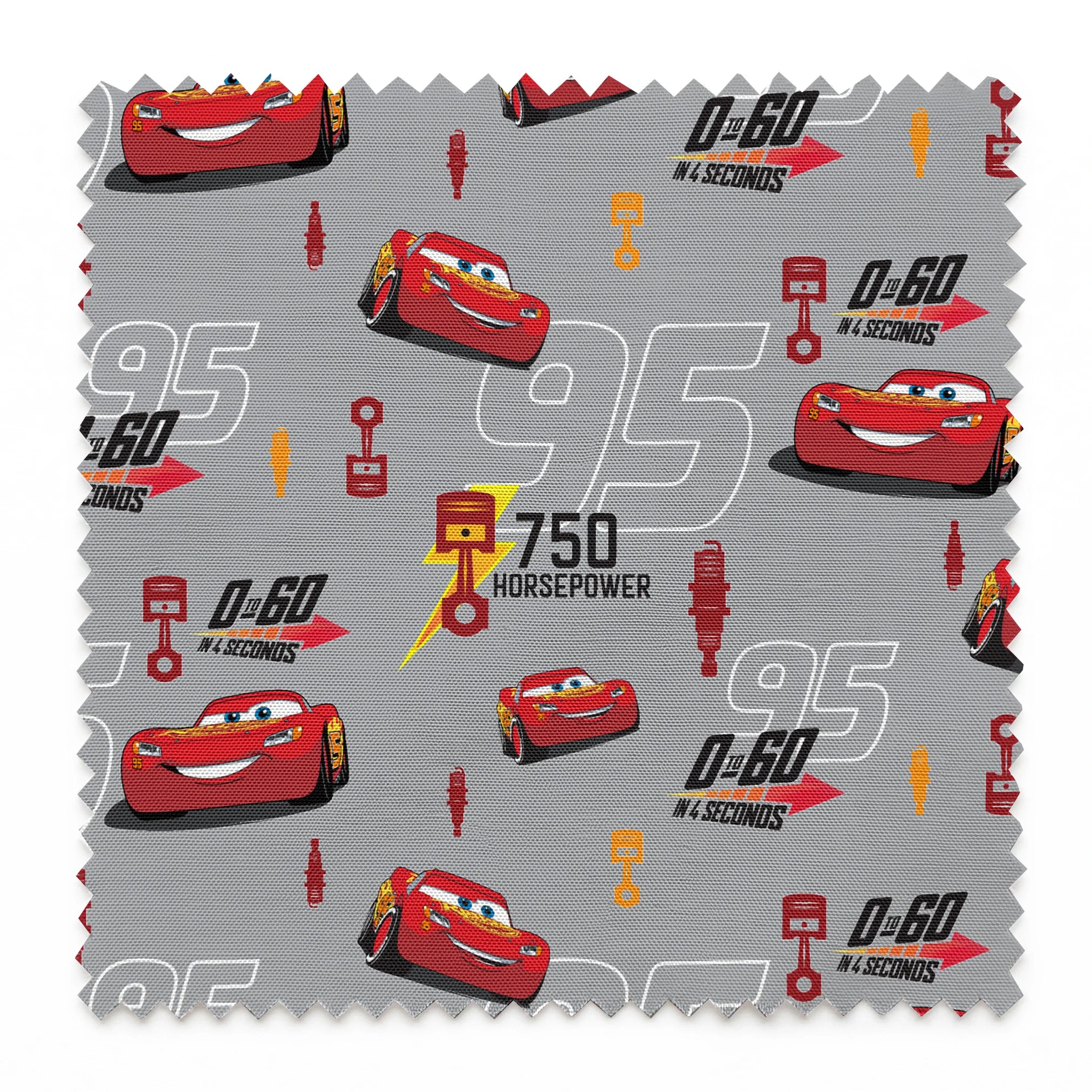 Red race cars with number 95 on gray background with racing graphics and "750 horsepower" text springs swatch pinked