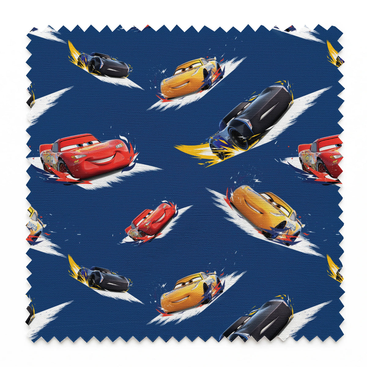 Animated race cars from Disney's Cars movie speeding across a blue background with white motion streaks springs swatch pinked