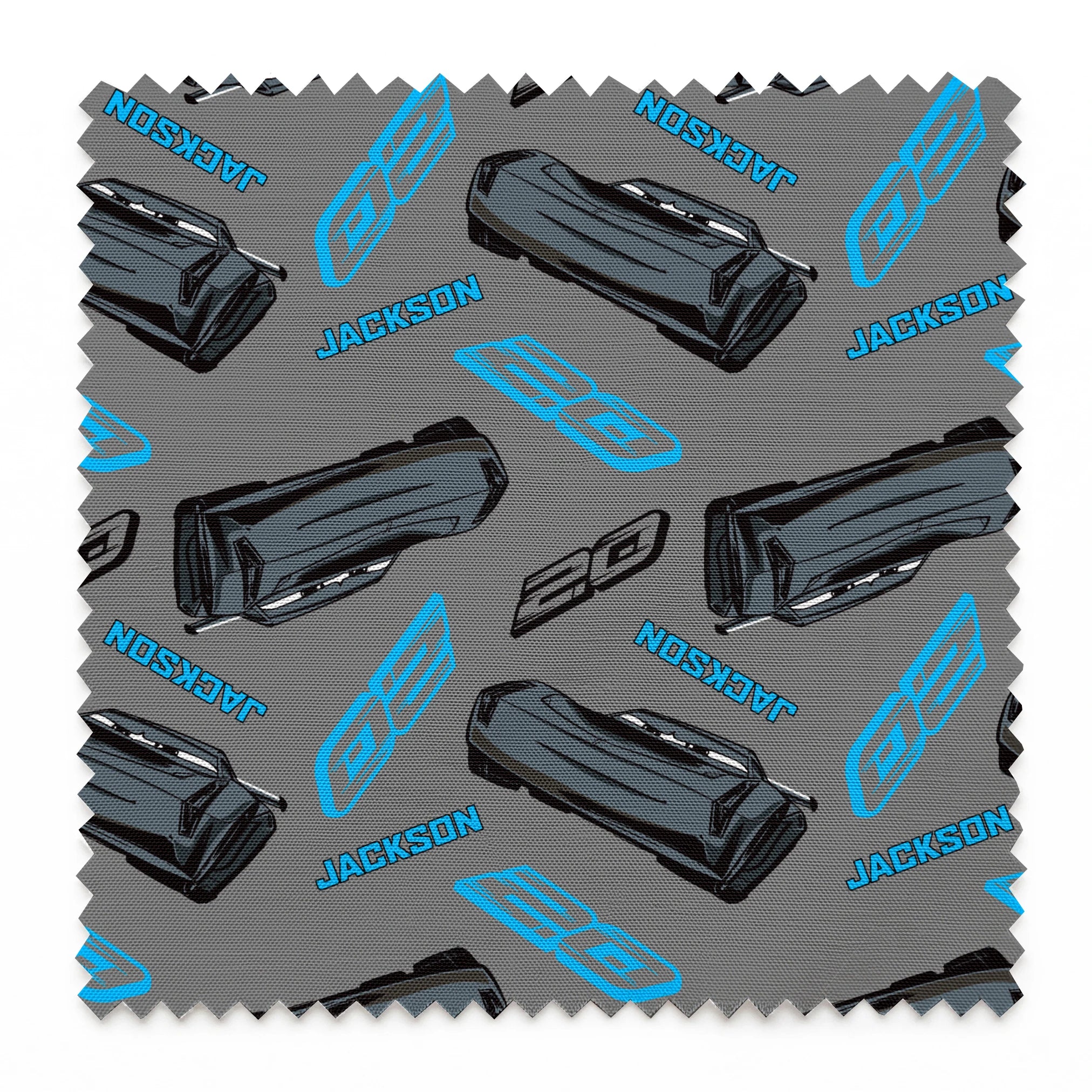 Dark gray background with scattered black car parts and blue "JACKSON" text and stylized logos in a repeating pattern springs swatch pinked