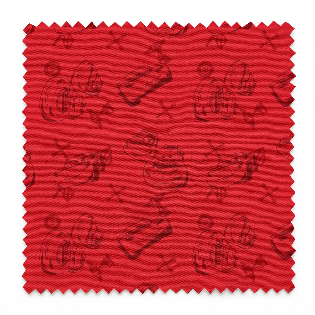 Red background with hand-drawn cartoon cars, tires, and tools in a repeating pattern springs swatch pinked
