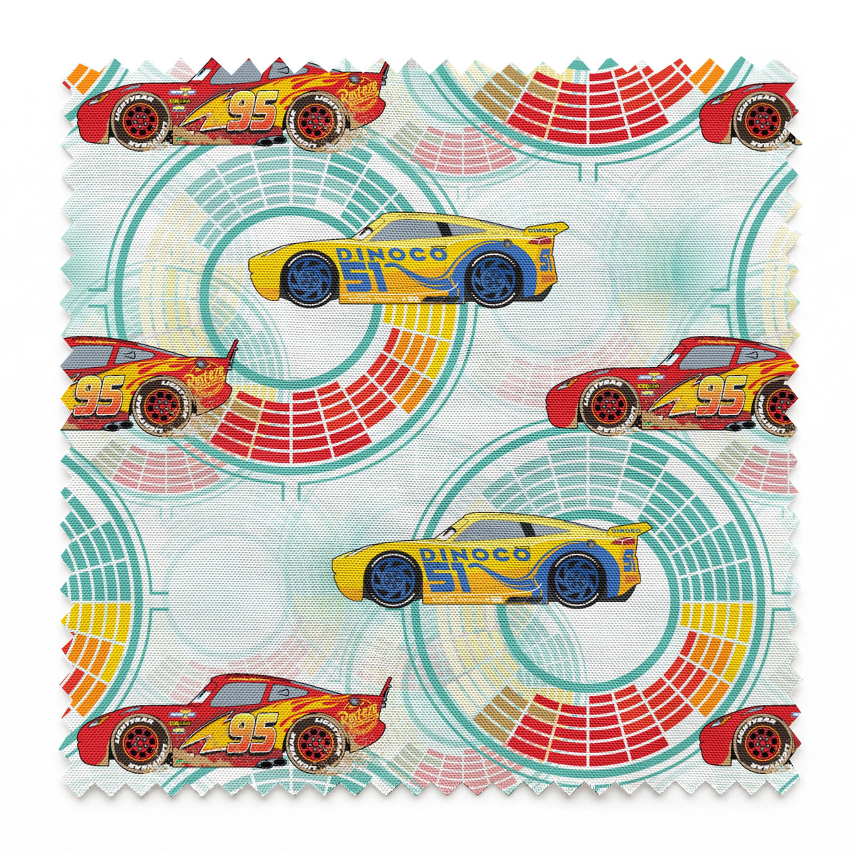 Colorful Disney Pixar Cars racing in red and yellow on a light blue background with circular patterns springs swatch pinked