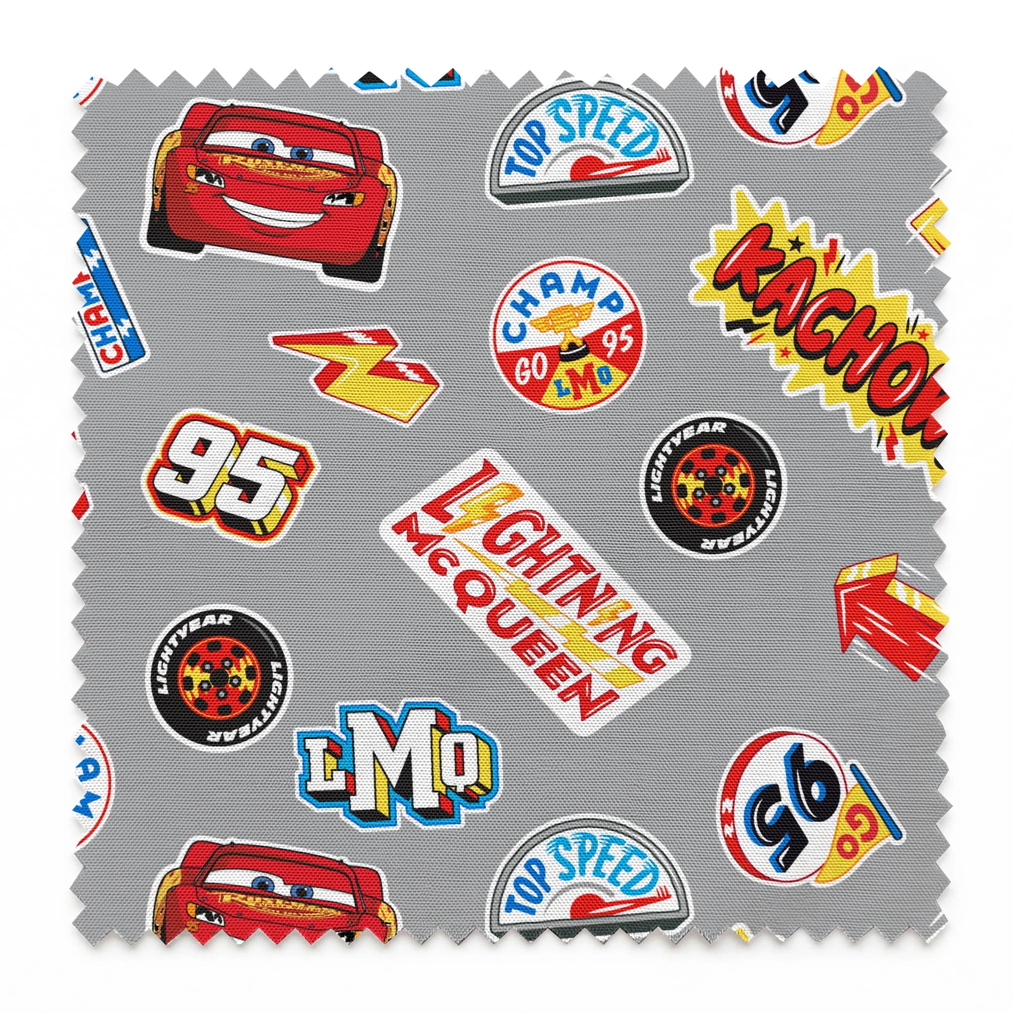 Colorful Disney Cars movie stickers featuring Lightning McQueen, racing logos, and numbers on gray background springs swatch pinked
