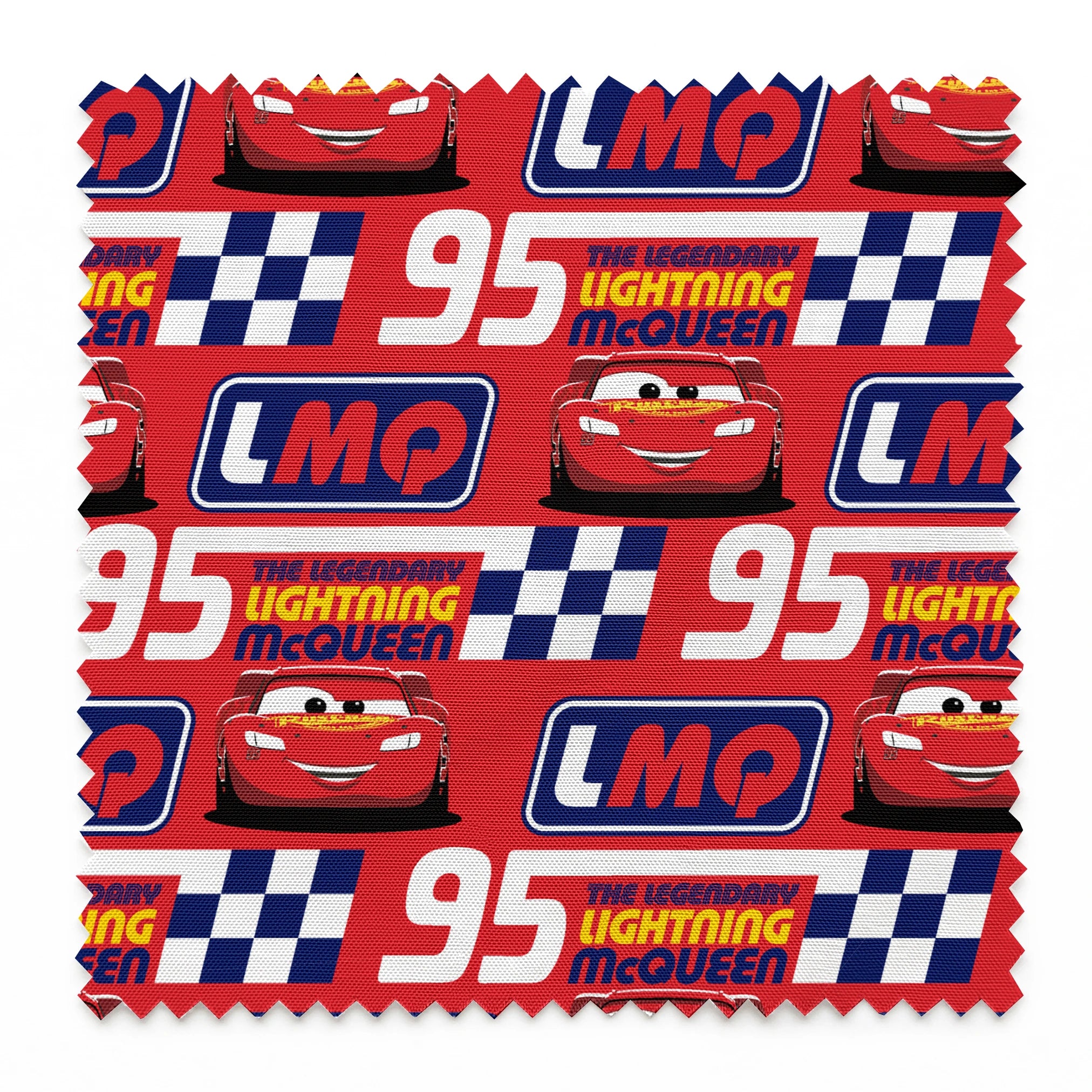 Colorful red racing pattern with "95" numbers, "Lightning" text, checkered flags, and blue "LMC" logos springs swatch pinked