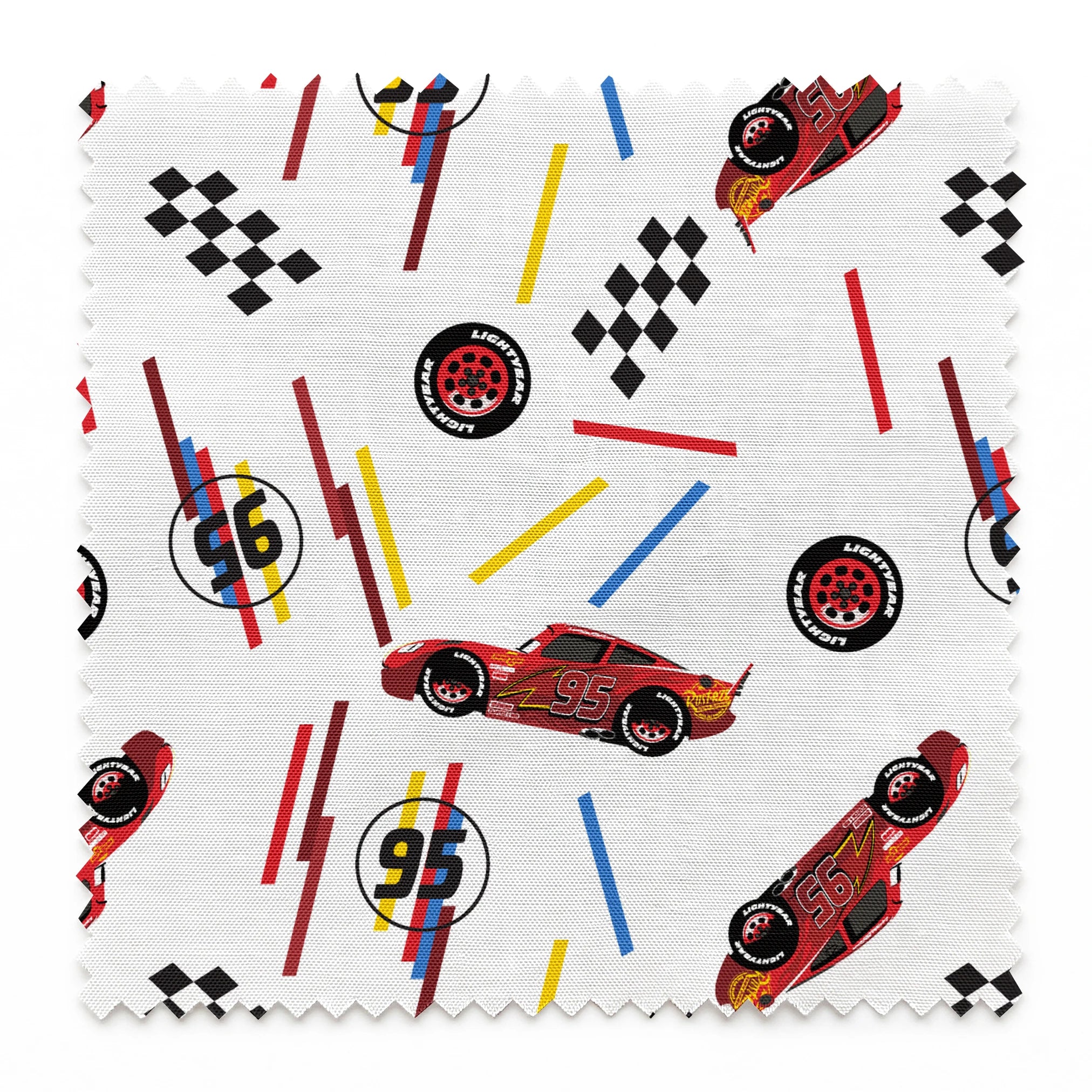 Racing car pattern with red toy cars, checkered flags, number 95 emblems, and colorful lines on white background springs swatch pinked