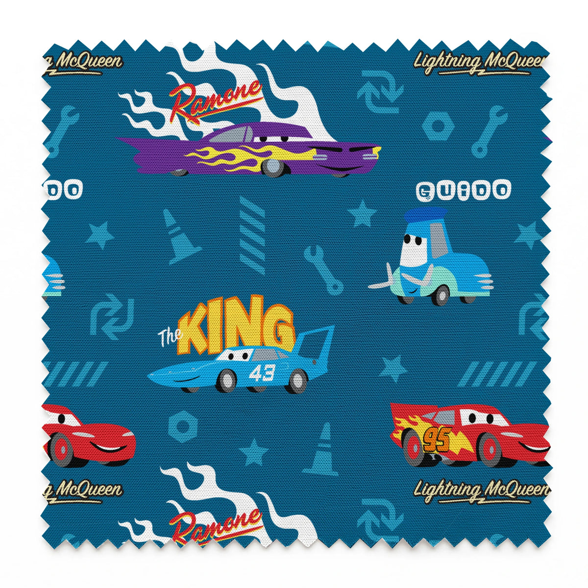 Disney Cars pattern featuring Lightning McQueen, Ramone's purple car with flames, and The King 43 on blue background with racing icons springs swatch pinked