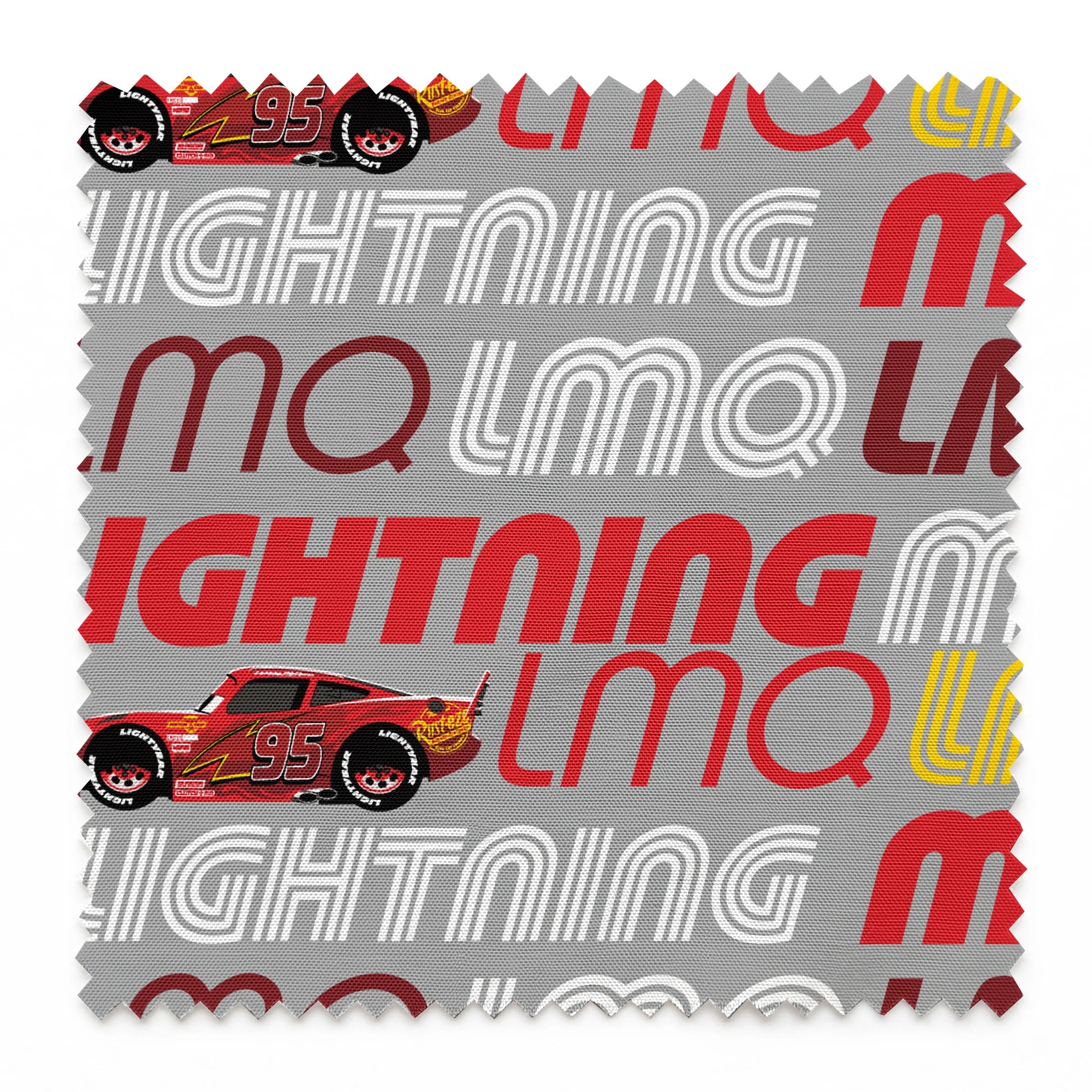 Lightning McQueen race car graphic with repeating LMQ text in red, yellow, and white on gray background springs swatch pinked