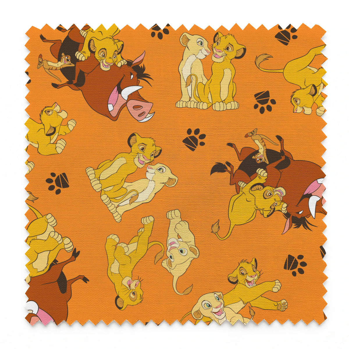 Playful pattern of cartoon cubs in yellow and brown poses on bright orange background with pawprints springs swatch pinked